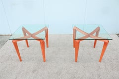 Modern Italian Cherry Wood and Transparent Glass Square Side Tables - a Pair