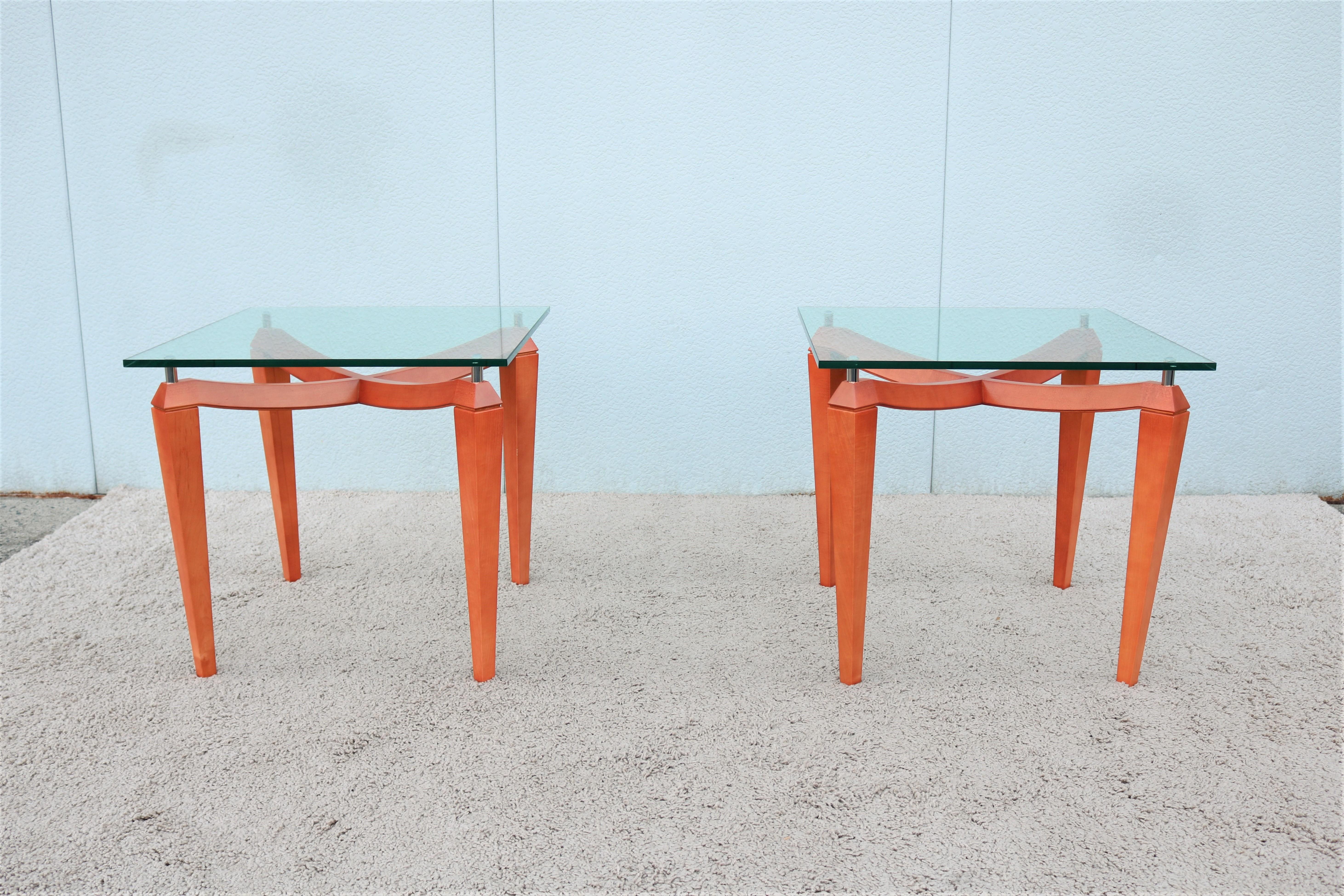 Carved Modern Italian Cherry Wood and Transparent Glass Square Side Tables - a Pair For Sale