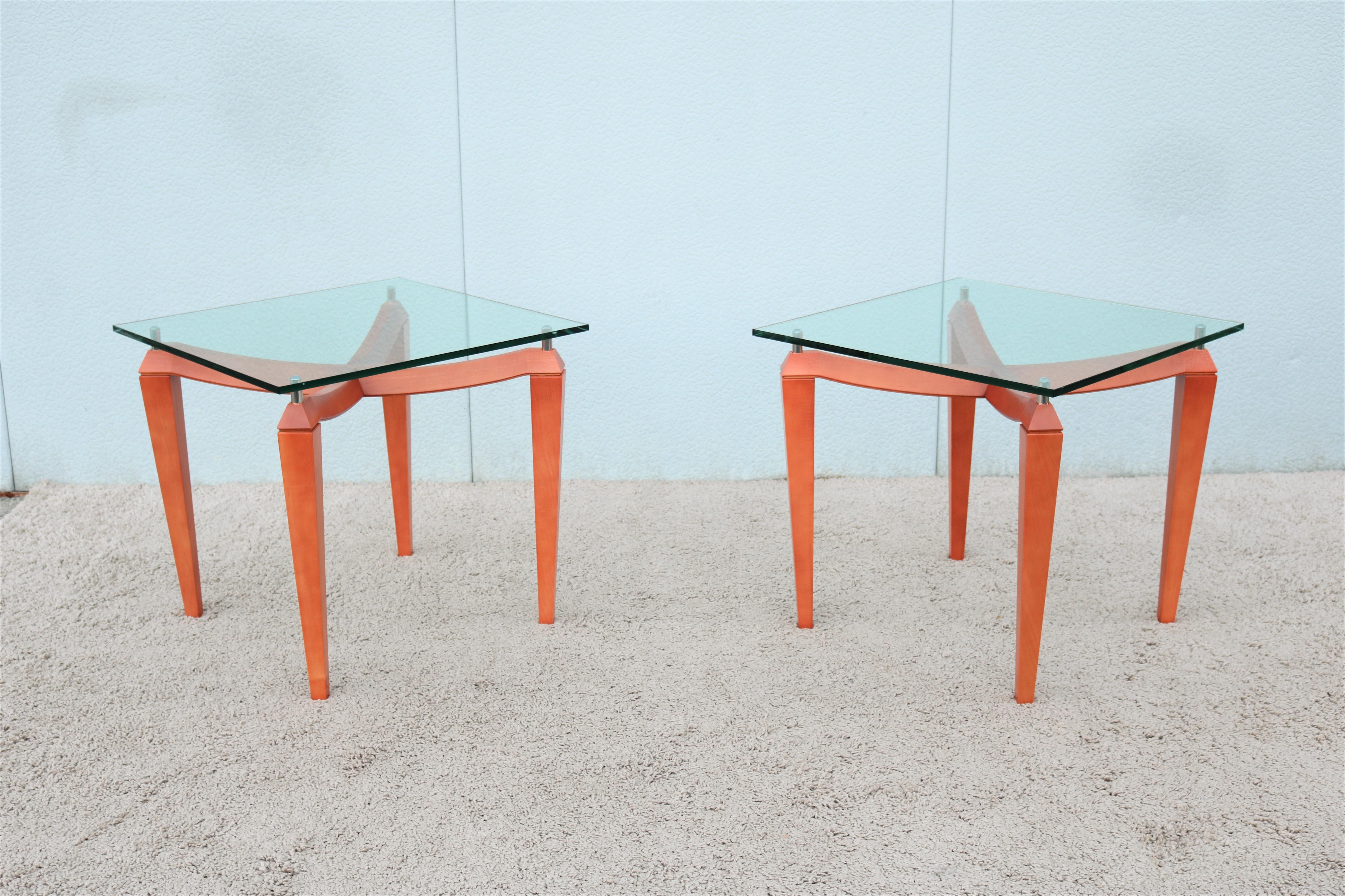 20th Century Modern Italian Cherry Wood and Transparent Glass Square Side Tables - a Pair For Sale