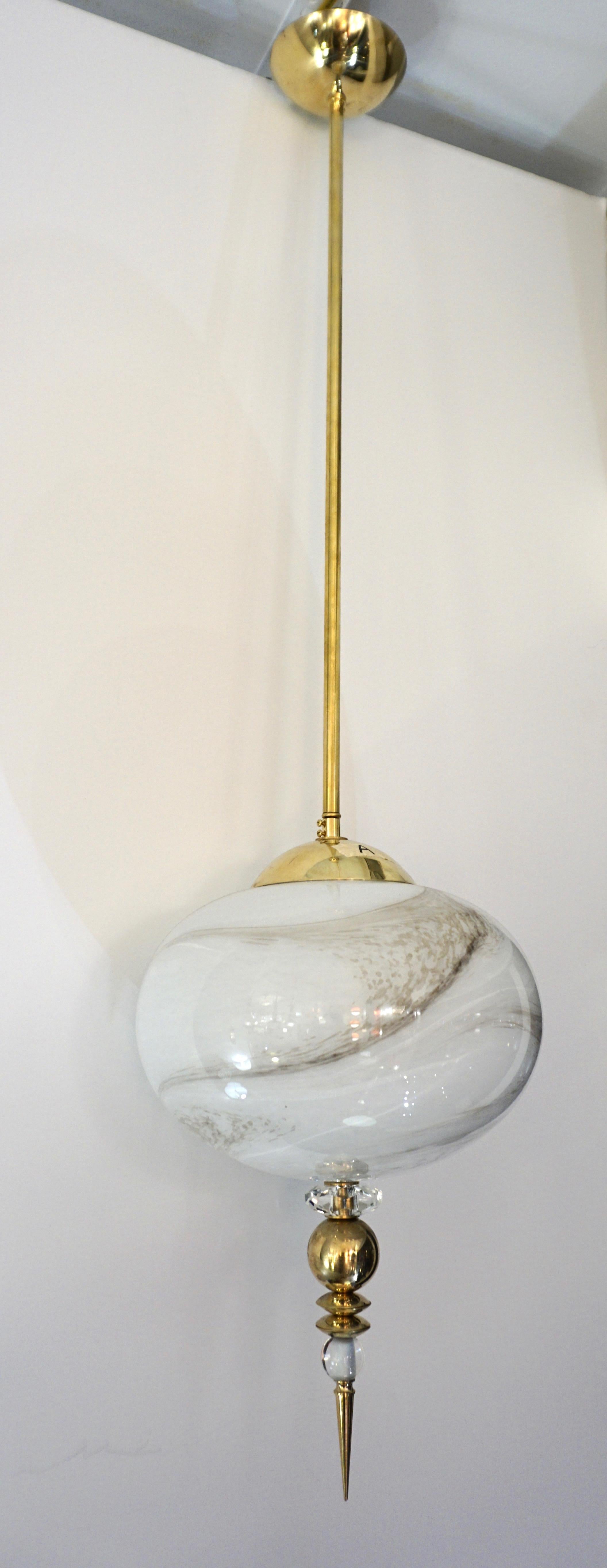 Hand-Crafted Modern Italian Cream White Alabaster Murano Glass Set of 3 Brass Pendant Lights For Sale