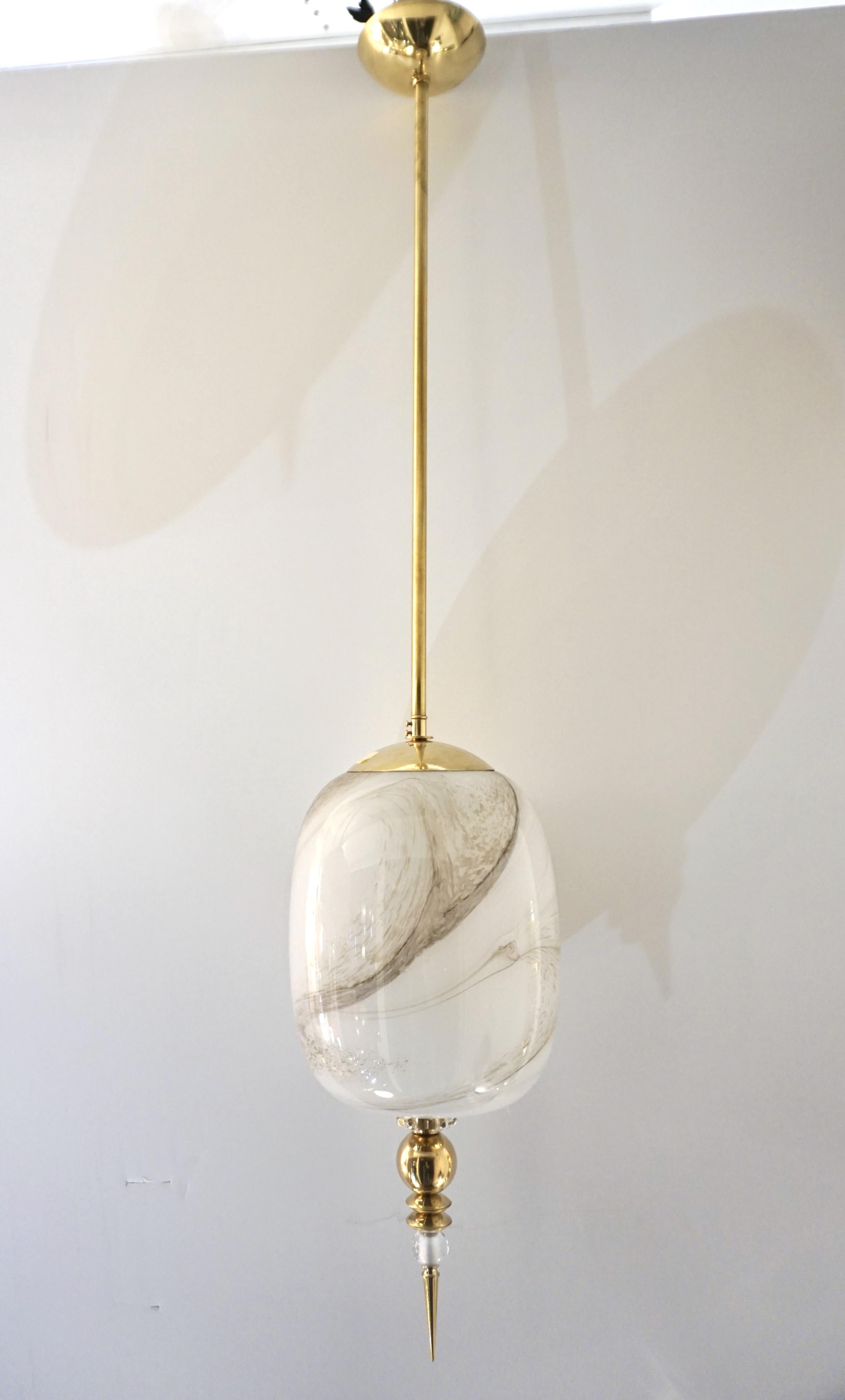Contemporary Modern Italian Cream White Alabaster Murano Glass Set of 3 Brass Pendant Lights For Sale