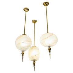 Modern Italian Cream White Alabaster Murano Glass Set of 3 Brass Pendant Lights