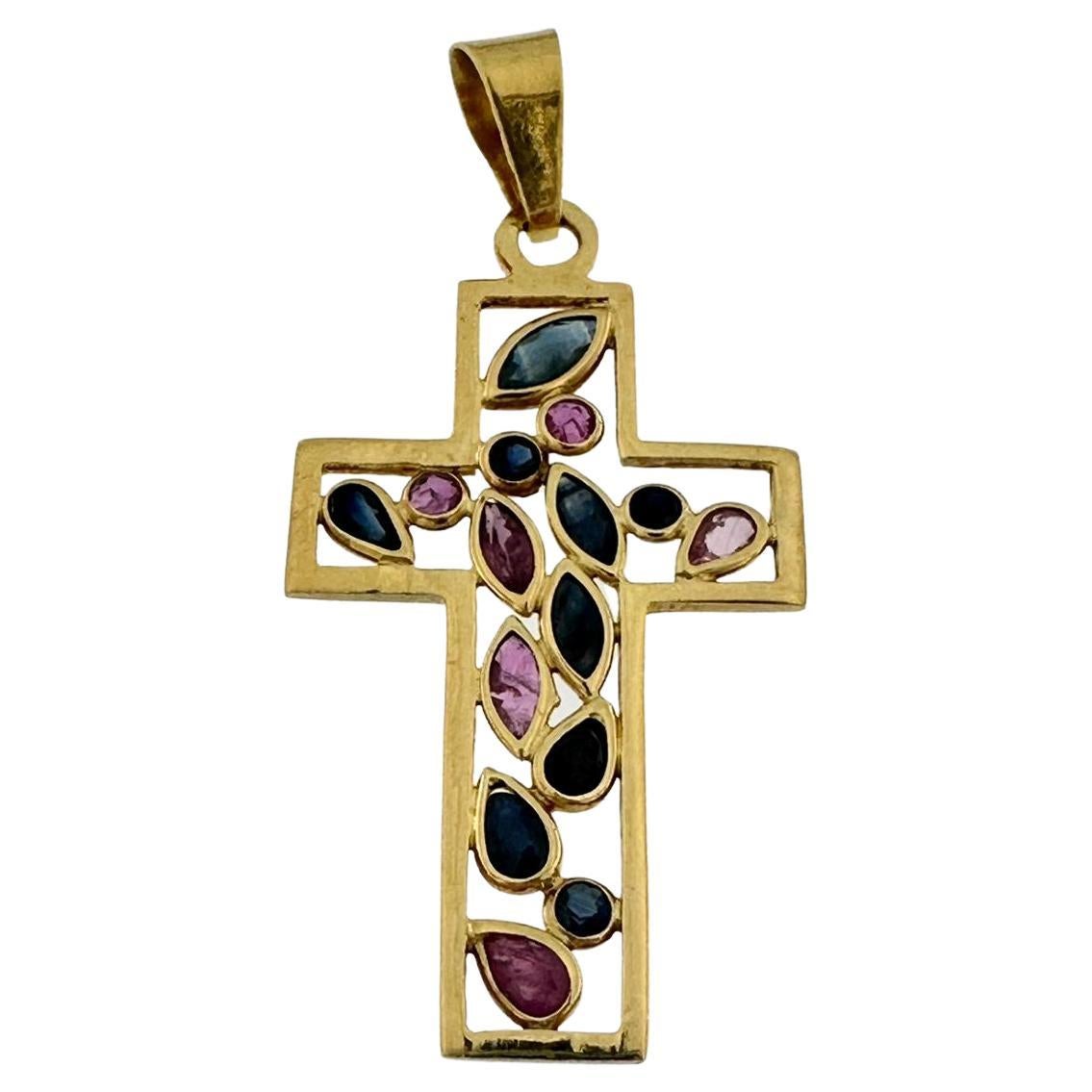 Croix italienne moderne en or jaune 18 carats et quartz coloré en vente