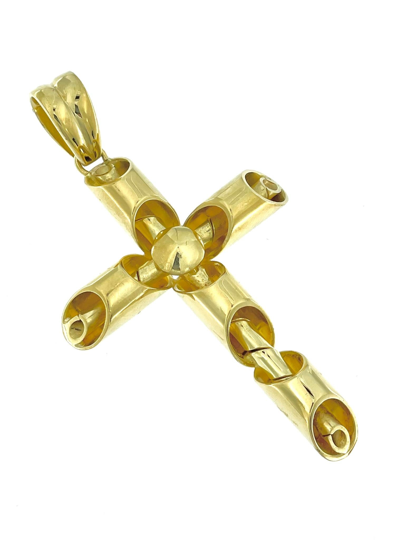 Croix italienne moderne de conception tubulaire en or jaune en vente 1