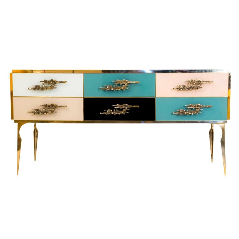 Modern Italian Custom Art Deco Style Royal Pink Glass Brass Edged Cabinet /Bar For Sale 5