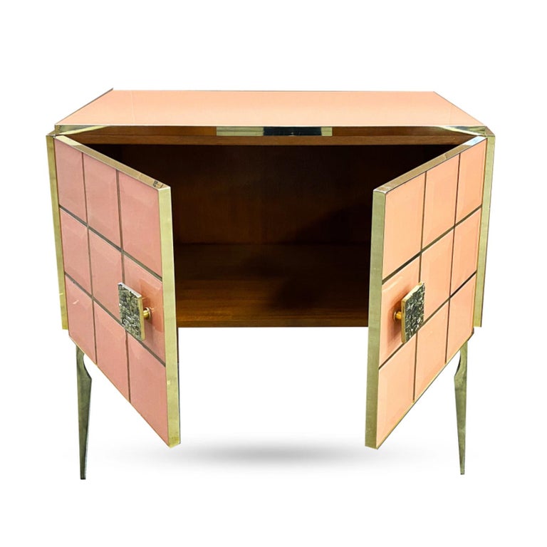 Hand-Crafted Modern Italian Custom Art Deco Style Royal Pink Glass Brass Edged Cabinet /Bar For Sale