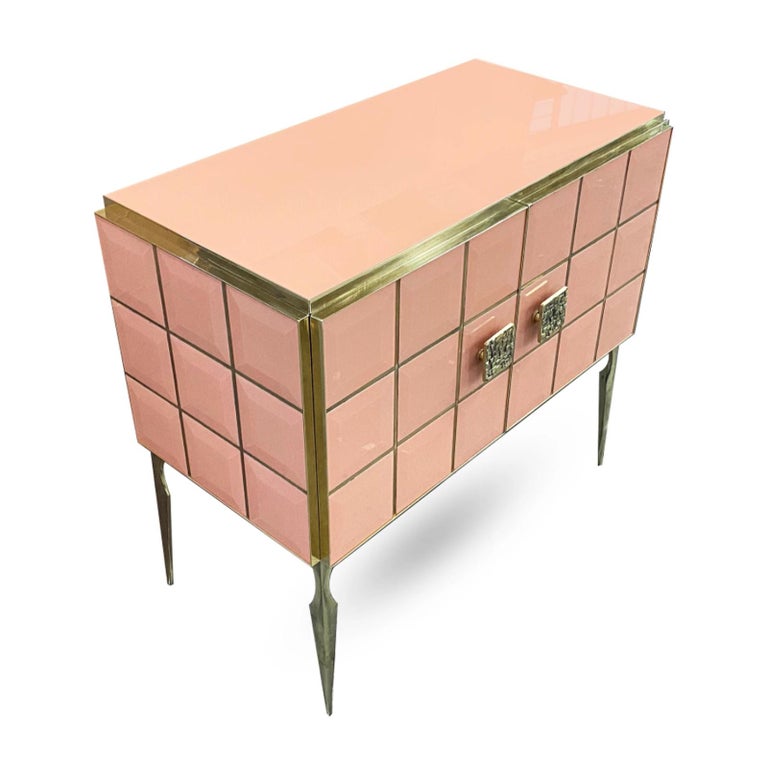 Contemporary Modern Italian Custom Art Deco Style Royal Pink Glass Brass Edged Cabinet /Bar For Sale