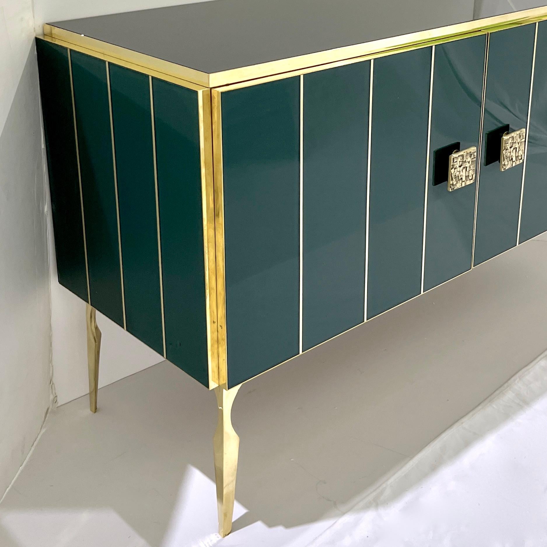 Cast Modern Italian Custom Art Deco Style Hunter Green Black Glass Brass Cabinet /Bar For Sale