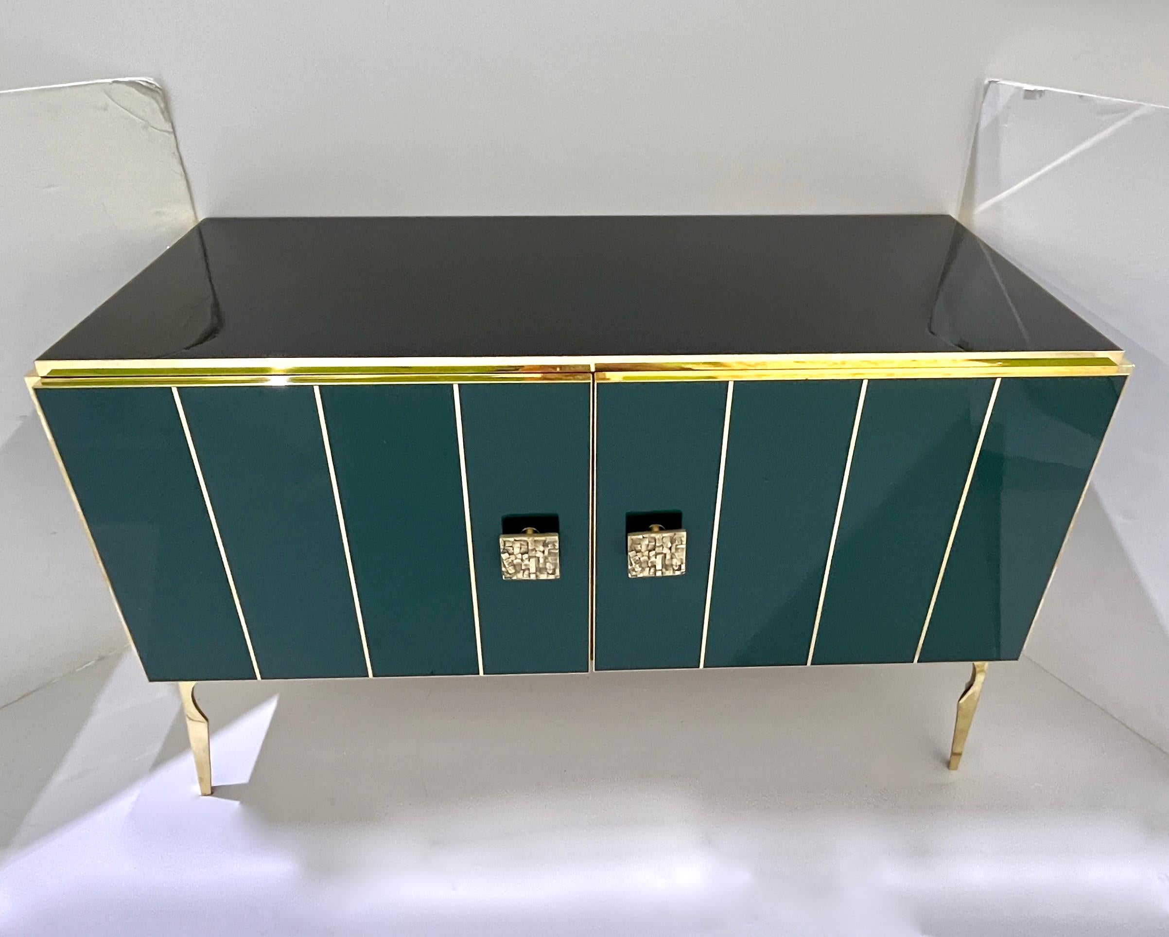 Modern Italian Art Deco Style Hunter Green Black Glass Brass Sideboard/Cabinet For Sale 1