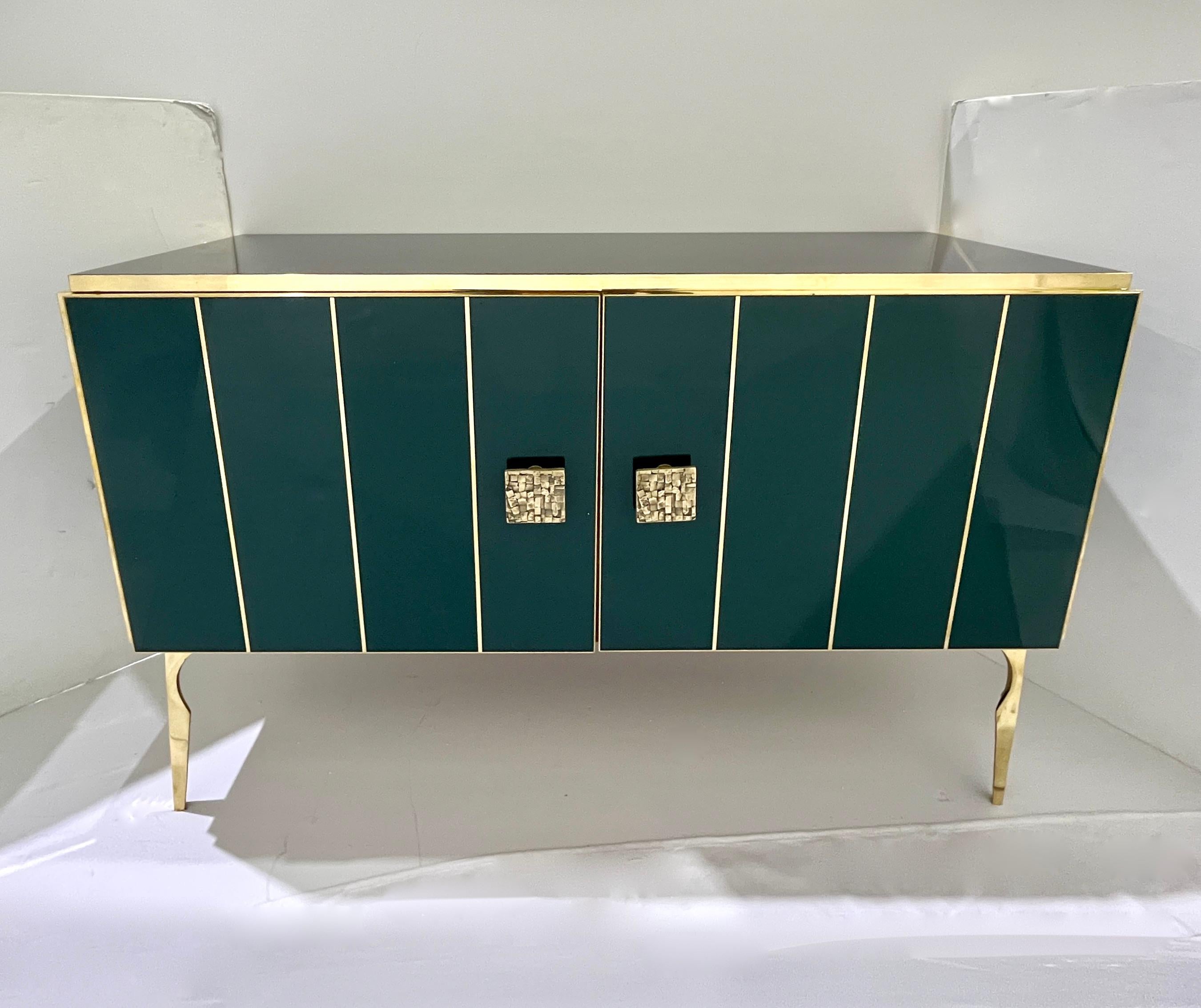 Modern Italian Art Deco Style Hunter Green Black Glass Brass Sideboard/Cabinet For Sale 4
