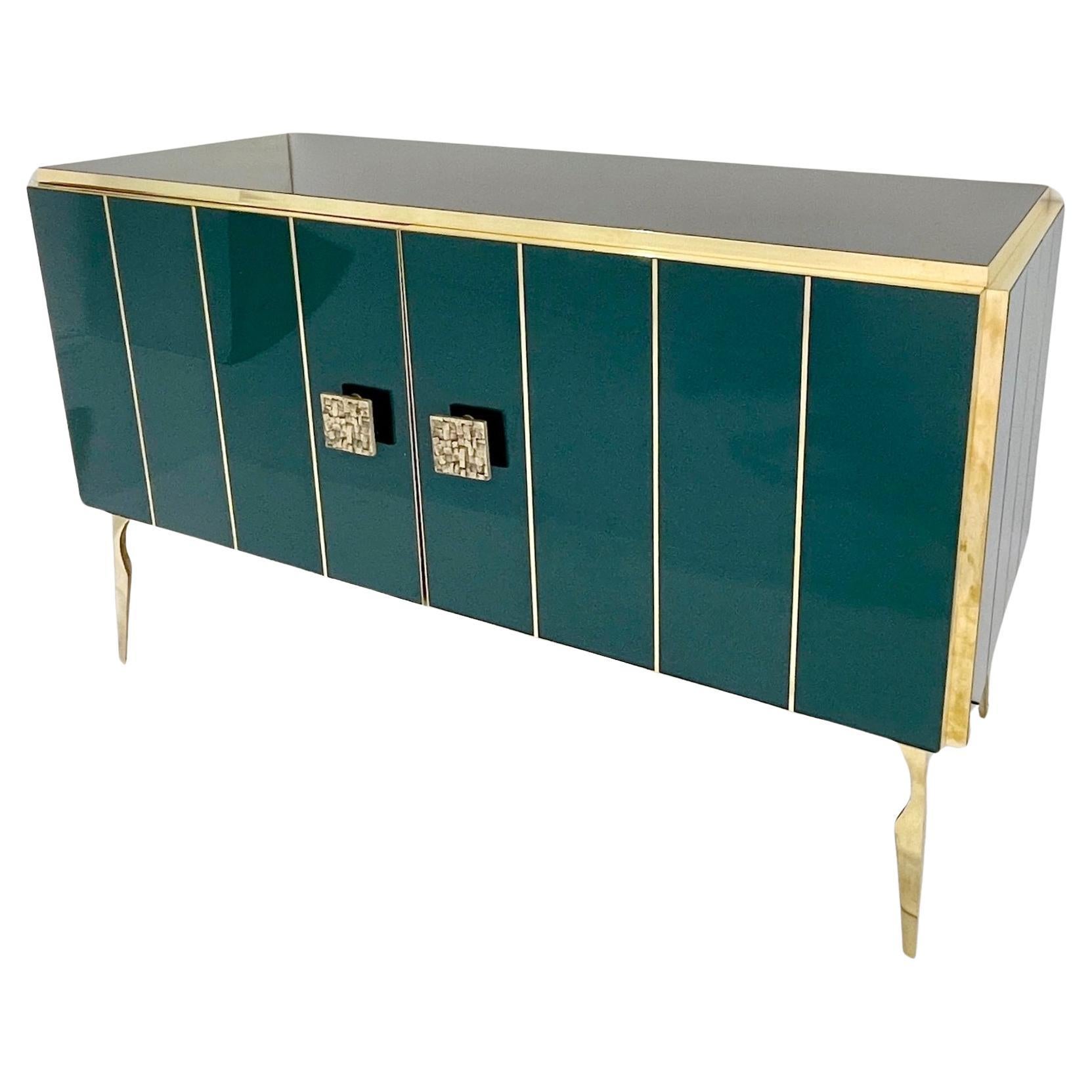 Modernity Italian Art Deco Style Hunter Green Black Glass Brass Sideboard/Cabinet