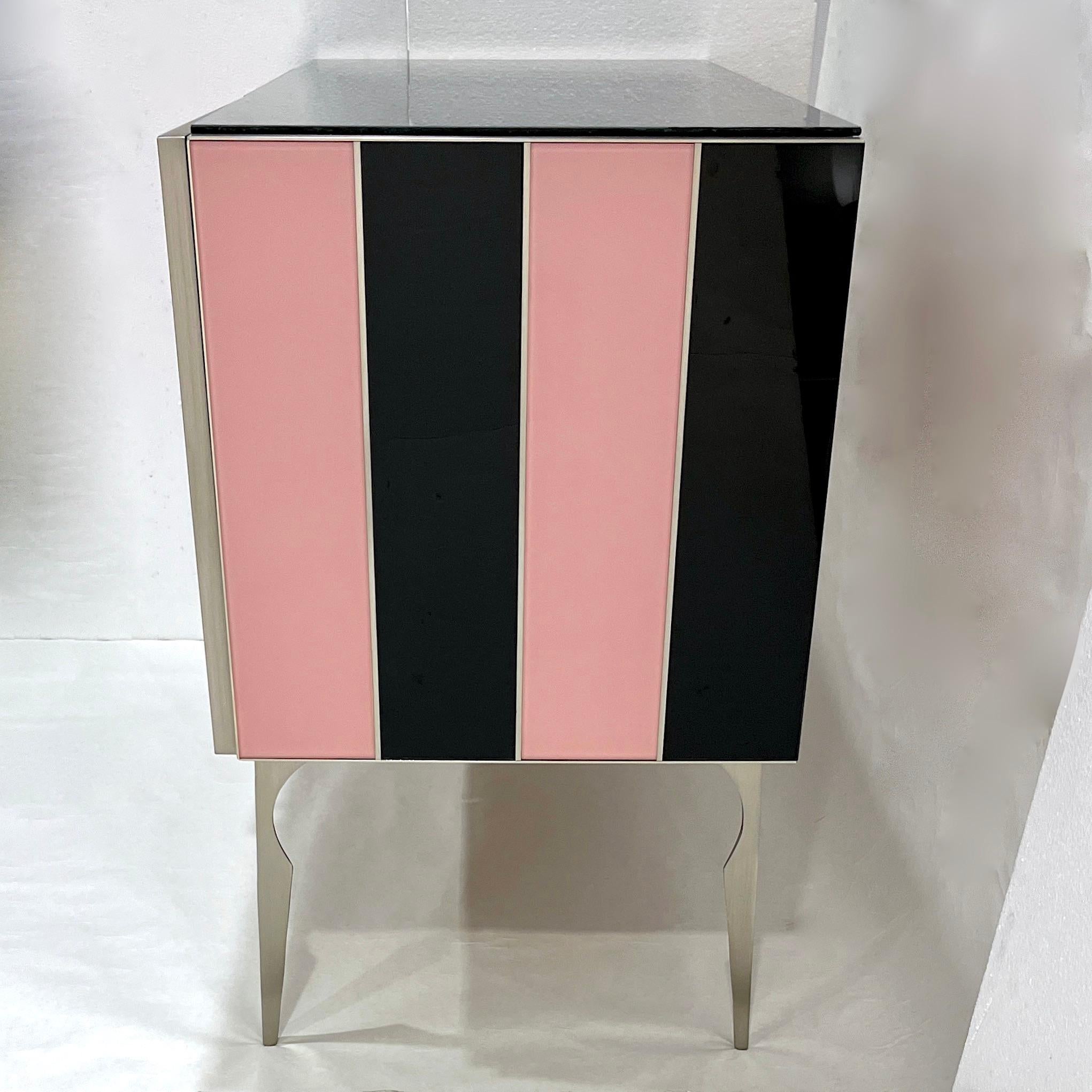 Modern Italian Custom Art Deco Style Pink Black Stripe Glass Brass Cabinet /Bar For Sale 4
