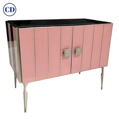 Modern Italian Custom Art Deco Style Pink Black Stripe Glass Brass Cabinet /Bar