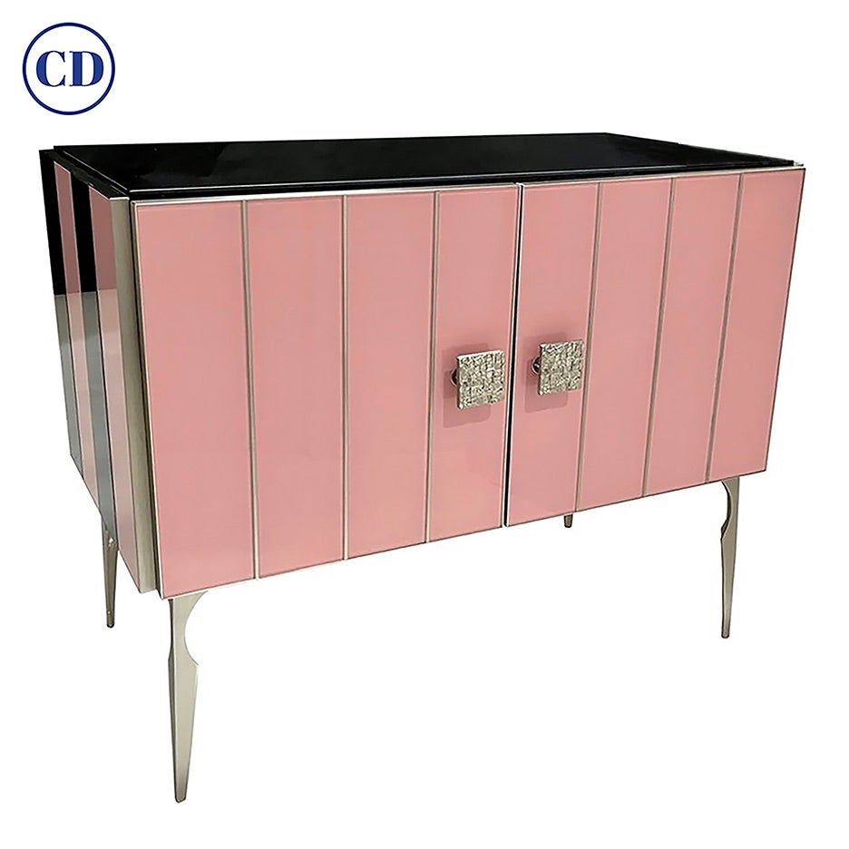 Modern Italian Custom Art Deco Style Pink Black Stripe Glass Brass Cabinet /Bar