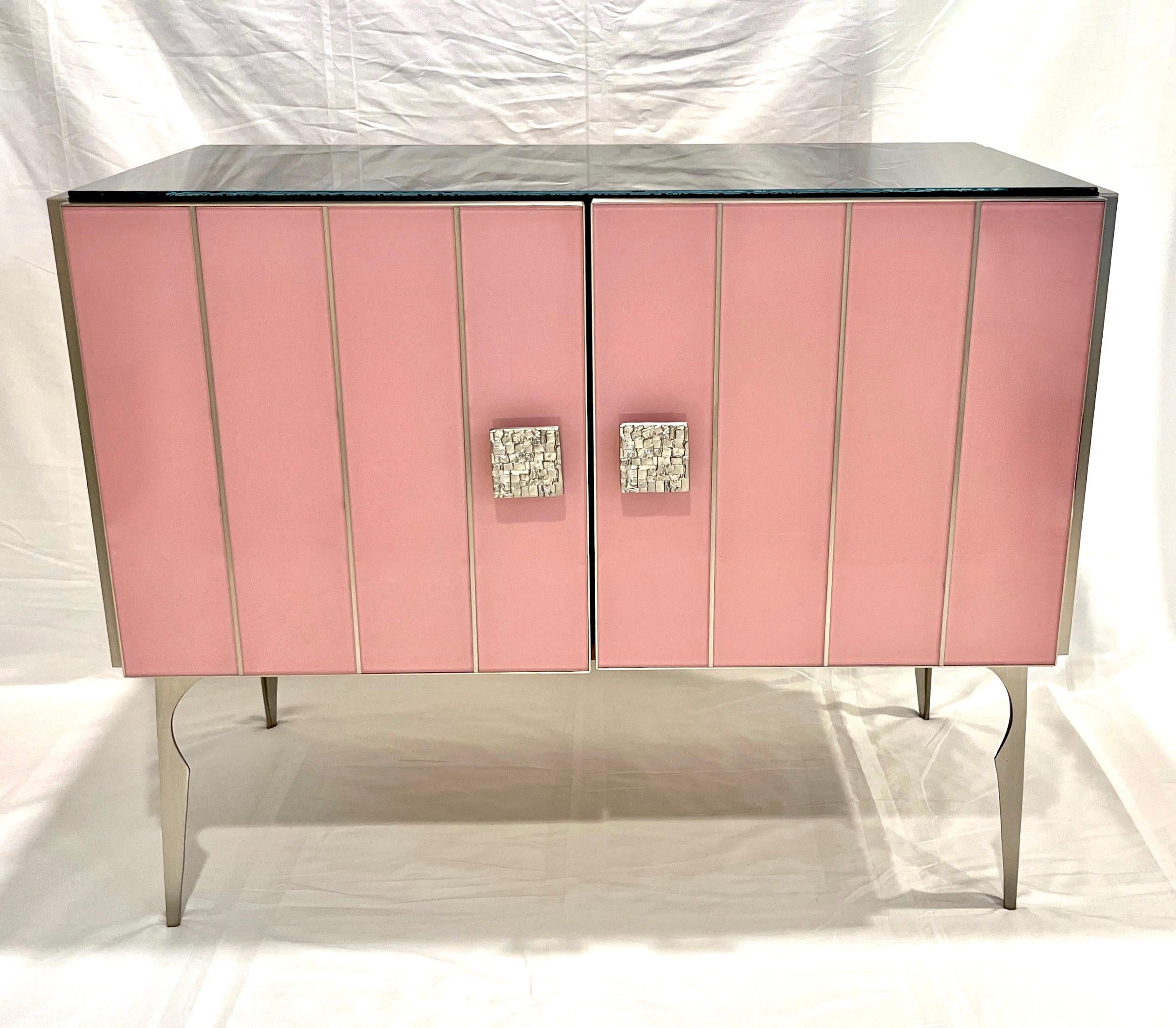 Modern Italian Custom Art Deco Style Rose Pink Black Glass Brass Cabinet /Bar For Sale 3