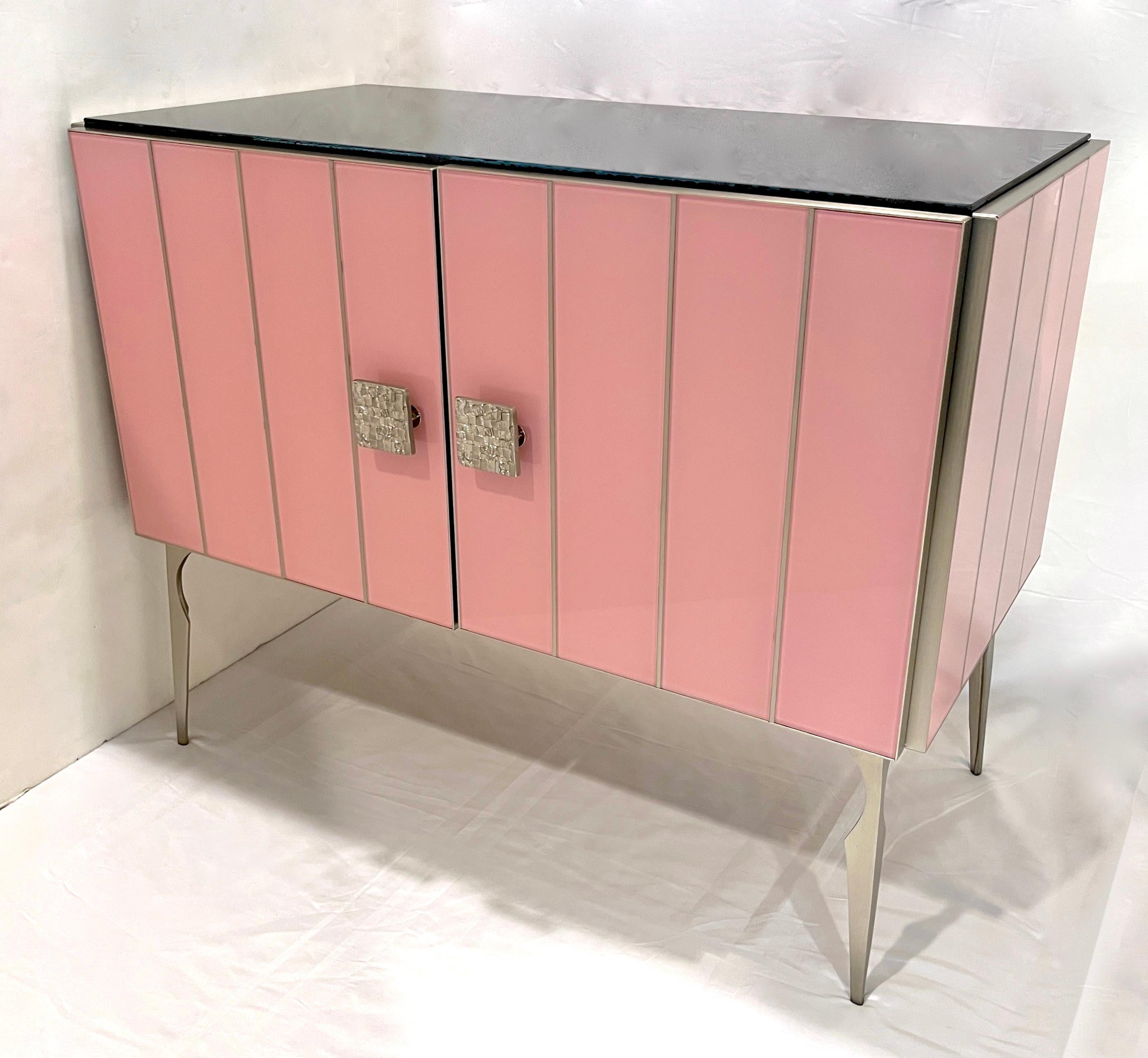 Modern Italian Custom Art Deco Style Pink Black Glass Satin Nickel Cabinet /Bar For Sale 4