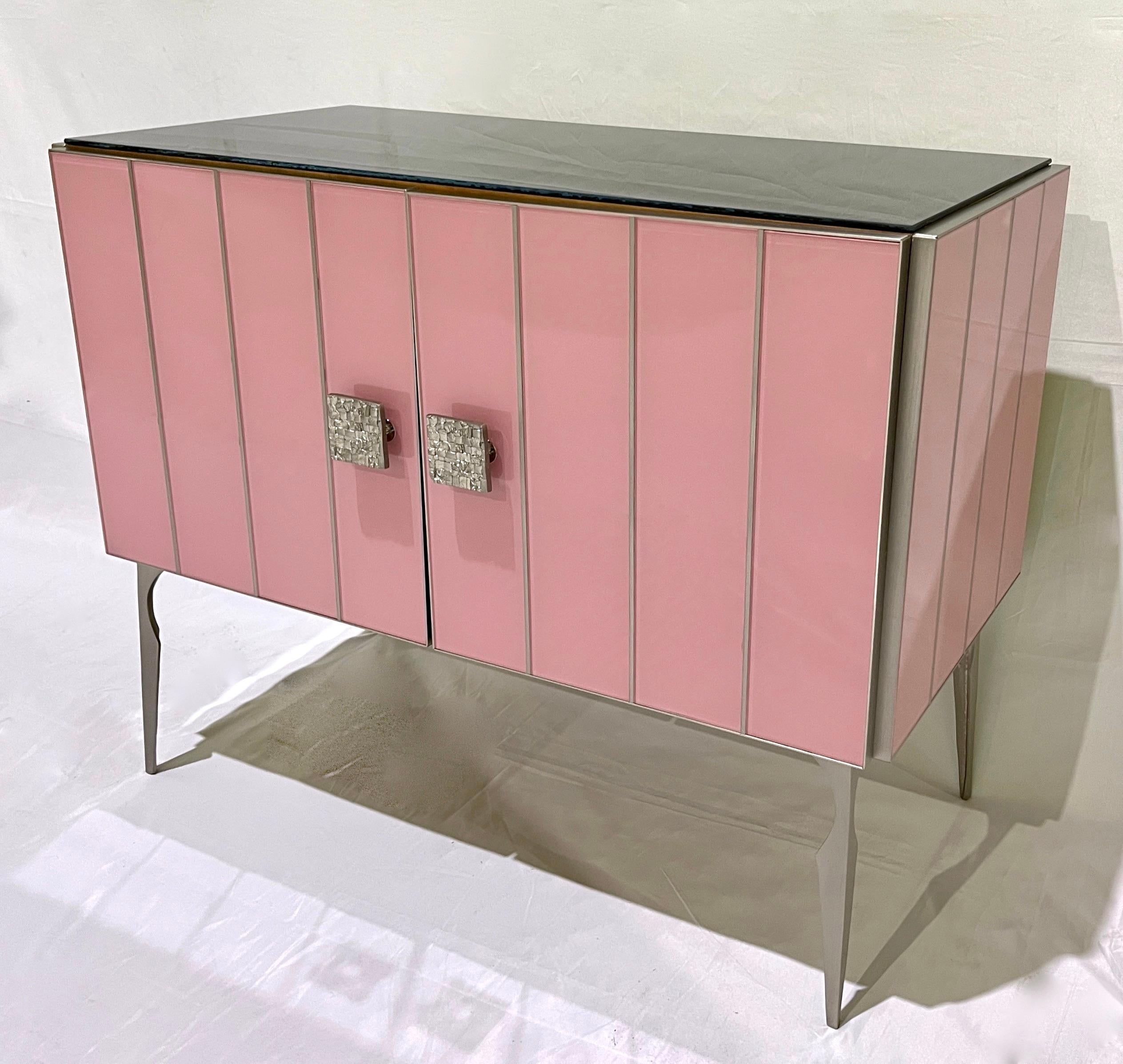 Modern Italian Custom Art Deco Style Rose Pink Black Glass Brass Cabinet /Bar For Sale 4