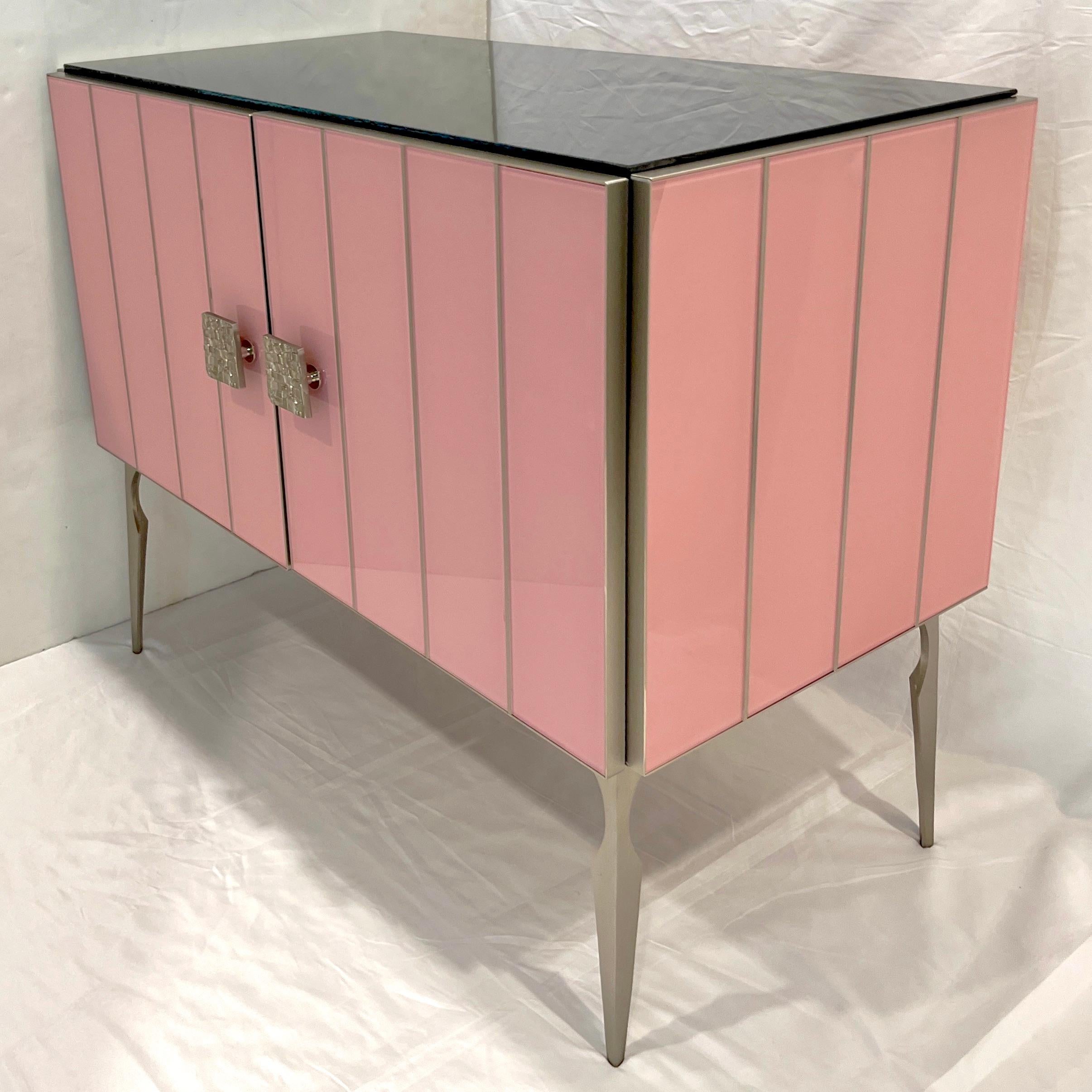 Modern Italian Custom Art Deco Style Pink Black Glass Satin Nickel Cabinet /Bar For Sale 5