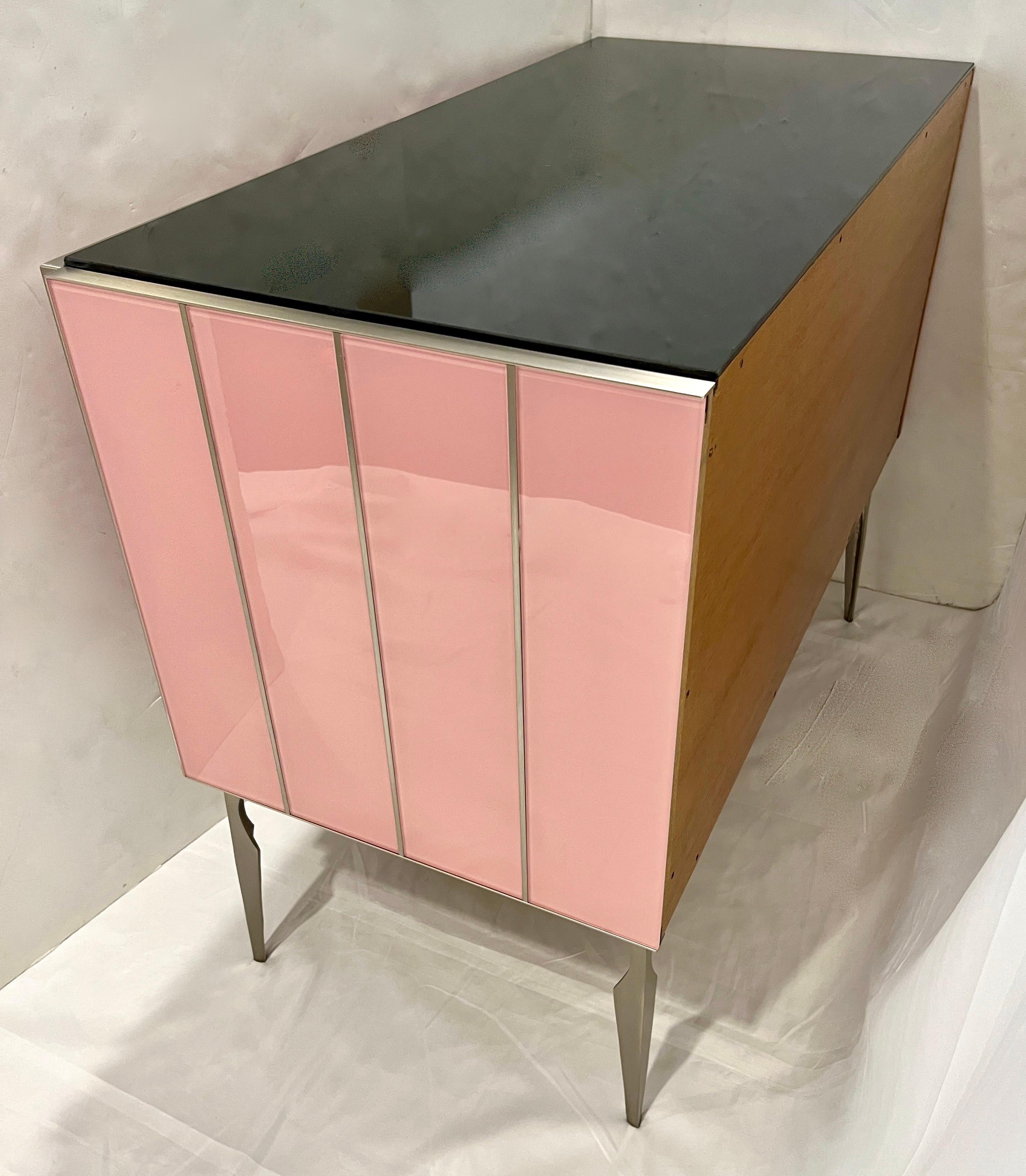 Modern Italian Custom Art Deco Style Rose Pink Black Glass Brass Cabinet /Bar For Sale 6