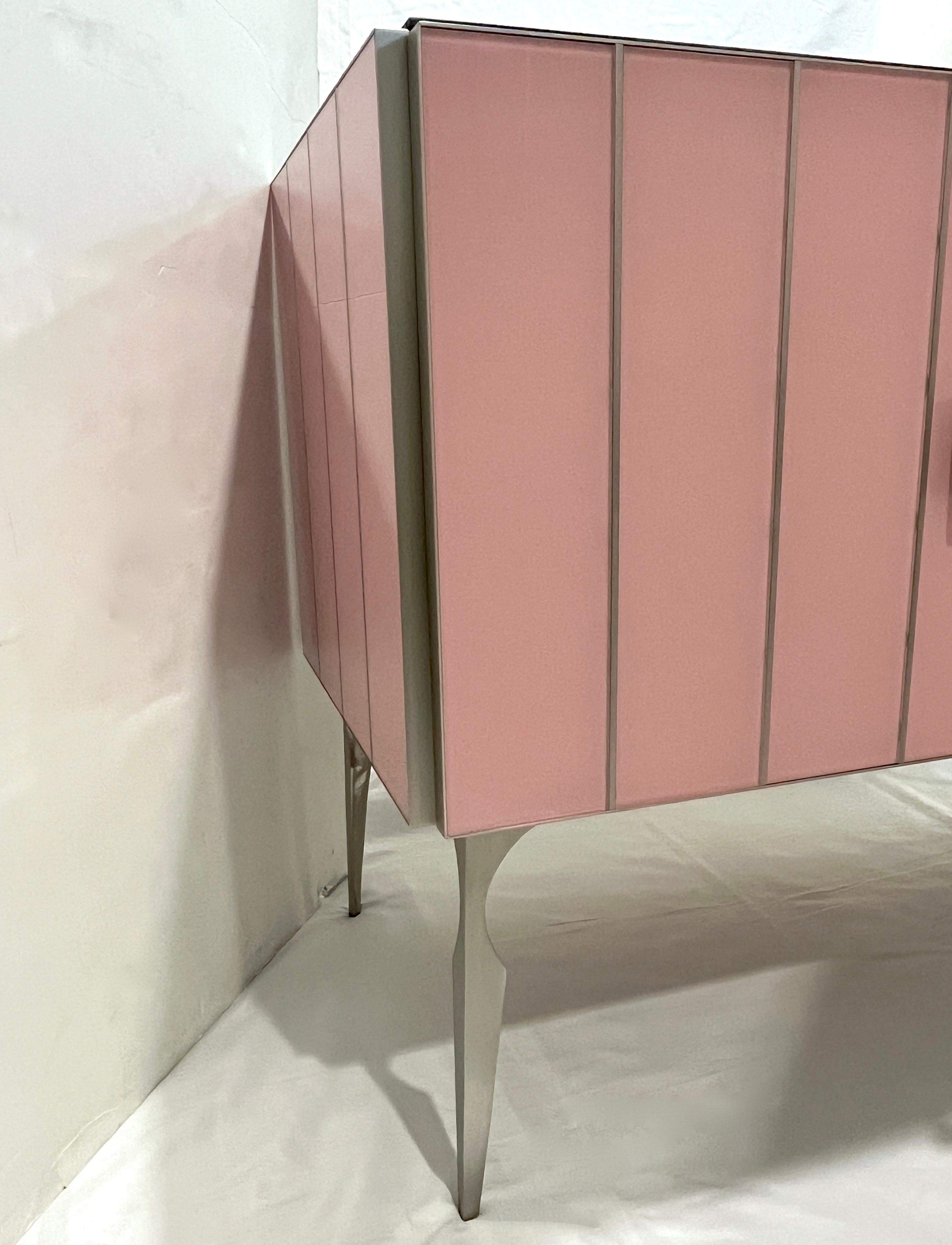 Modern Italian Custom Art Deco Style Pink Black Glass Satin Nickel Cabinet /Bar For Sale 7