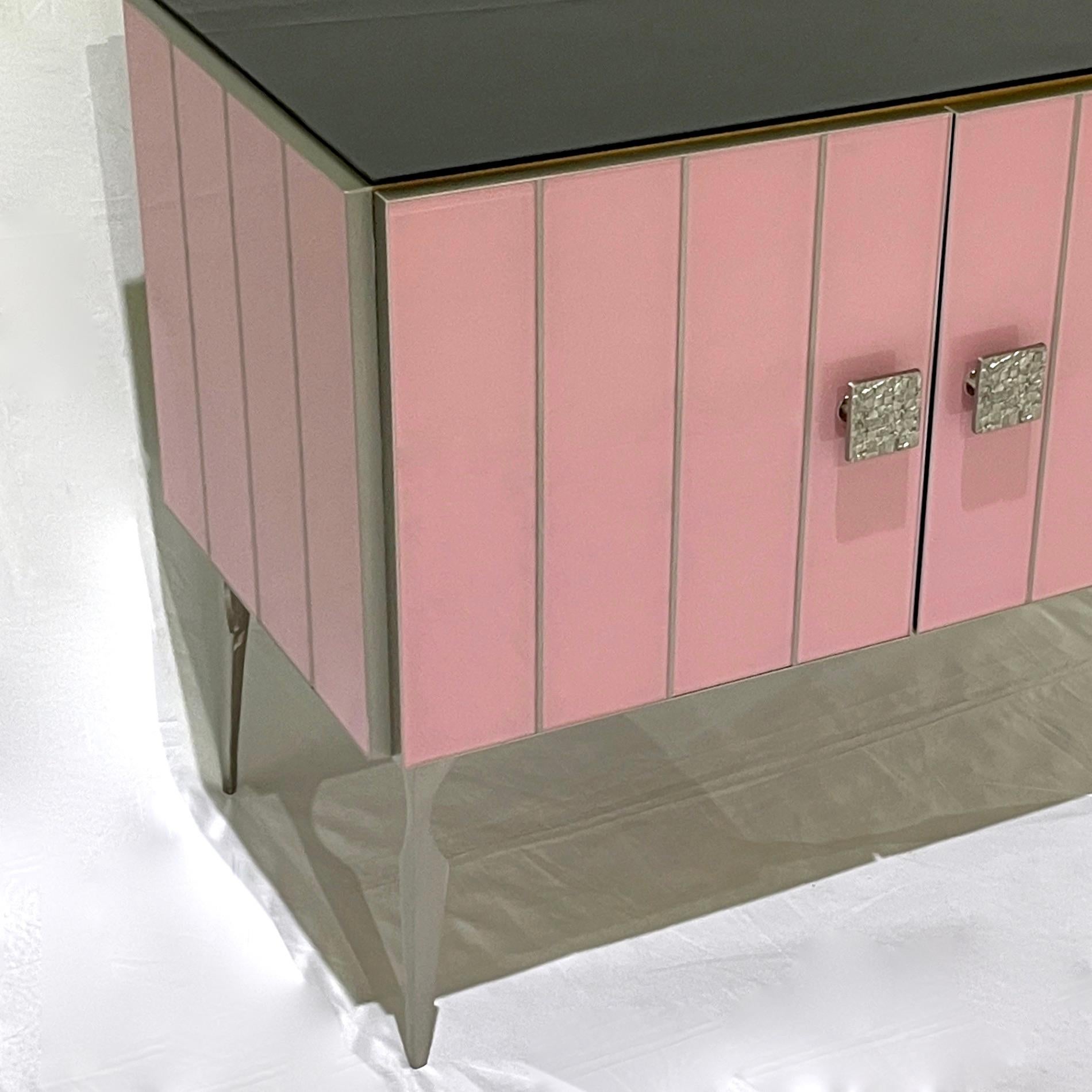 Cast Modern Italian Custom Art Deco Style Rose Pink Black Glass Brass Cabinet /Bar For Sale