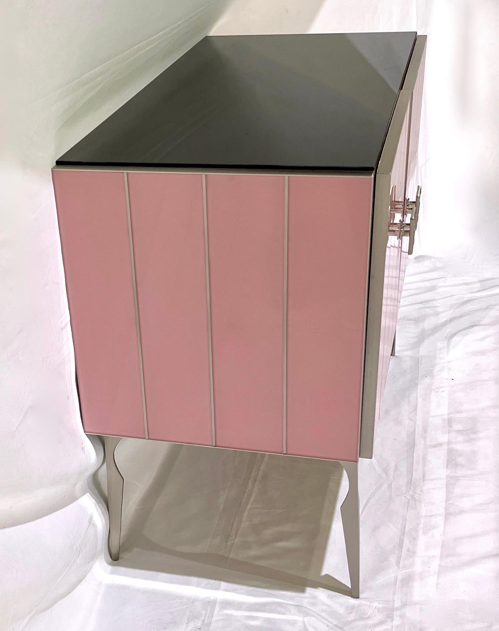 Walnut Modern Italian Custom Art Deco Style Rose Pink Black Glass Brass Cabinet /Bar For Sale