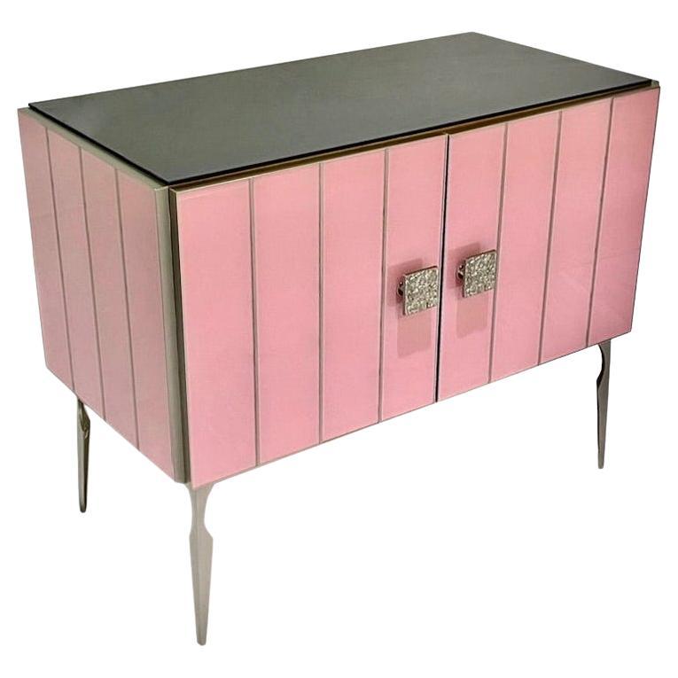Modern Italian Custom Art Deco Style Rose Pink Black Glass Brass Cabinet /Bar For Sale