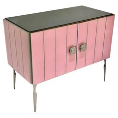Modern Italian Custom Art Deco Style Rose Pink Black Glass Brass Cabinet /Bar