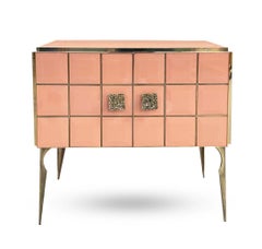 Modern Italian Custom Art Deco Style Royal Pink Glass Brass Edge Cabinet /Bar