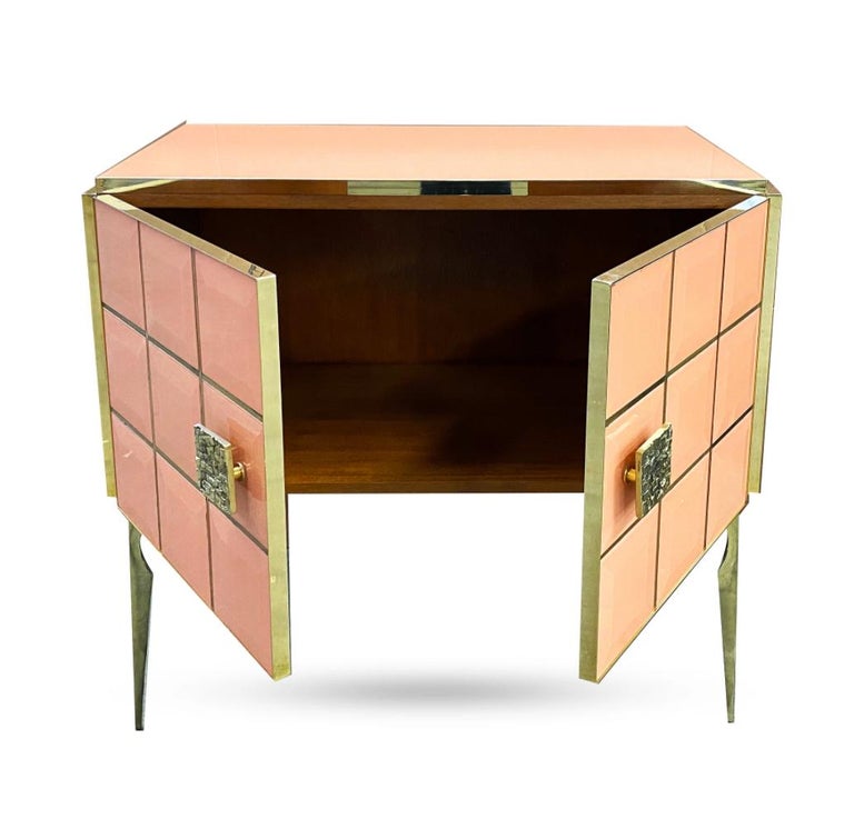 Cast Modern Italian Custom Art Deco Style Royal Pink Glass Brass Edge Cabinet /Bar For Sale