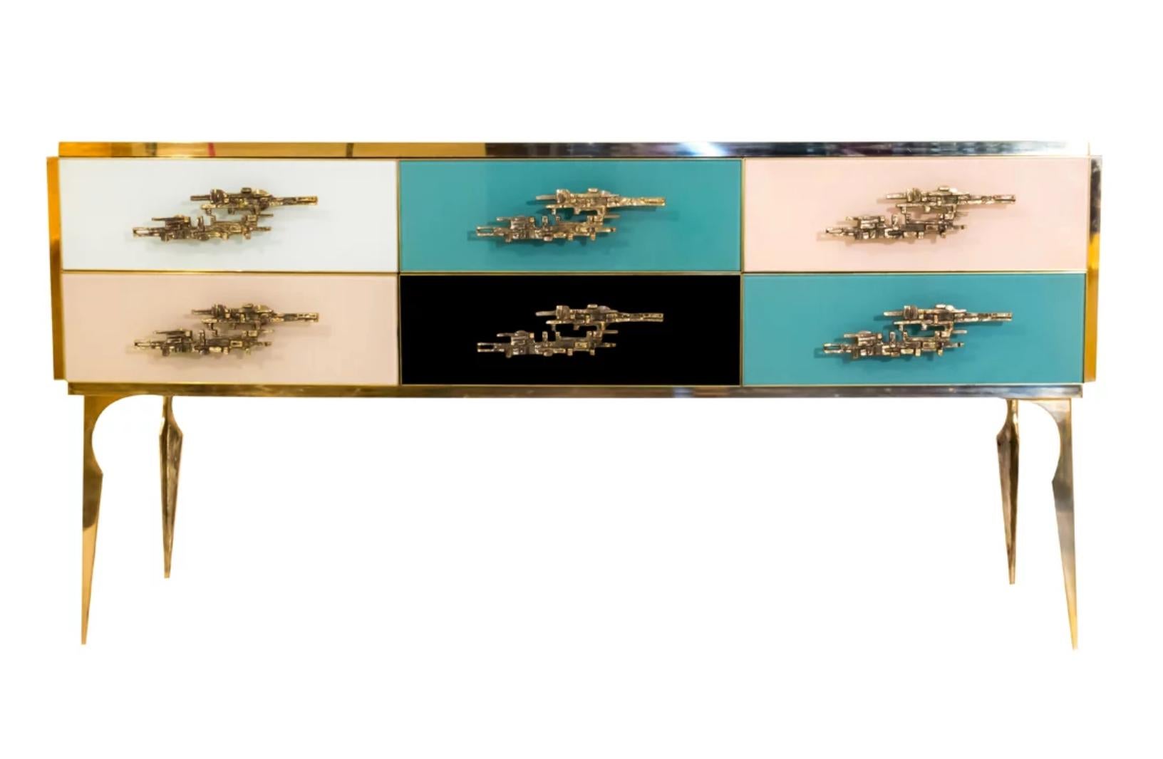 Modern Italian Custom Art Deco Style Royal Pink Glass Brass Edge Cabinet /Bar For Sale 2