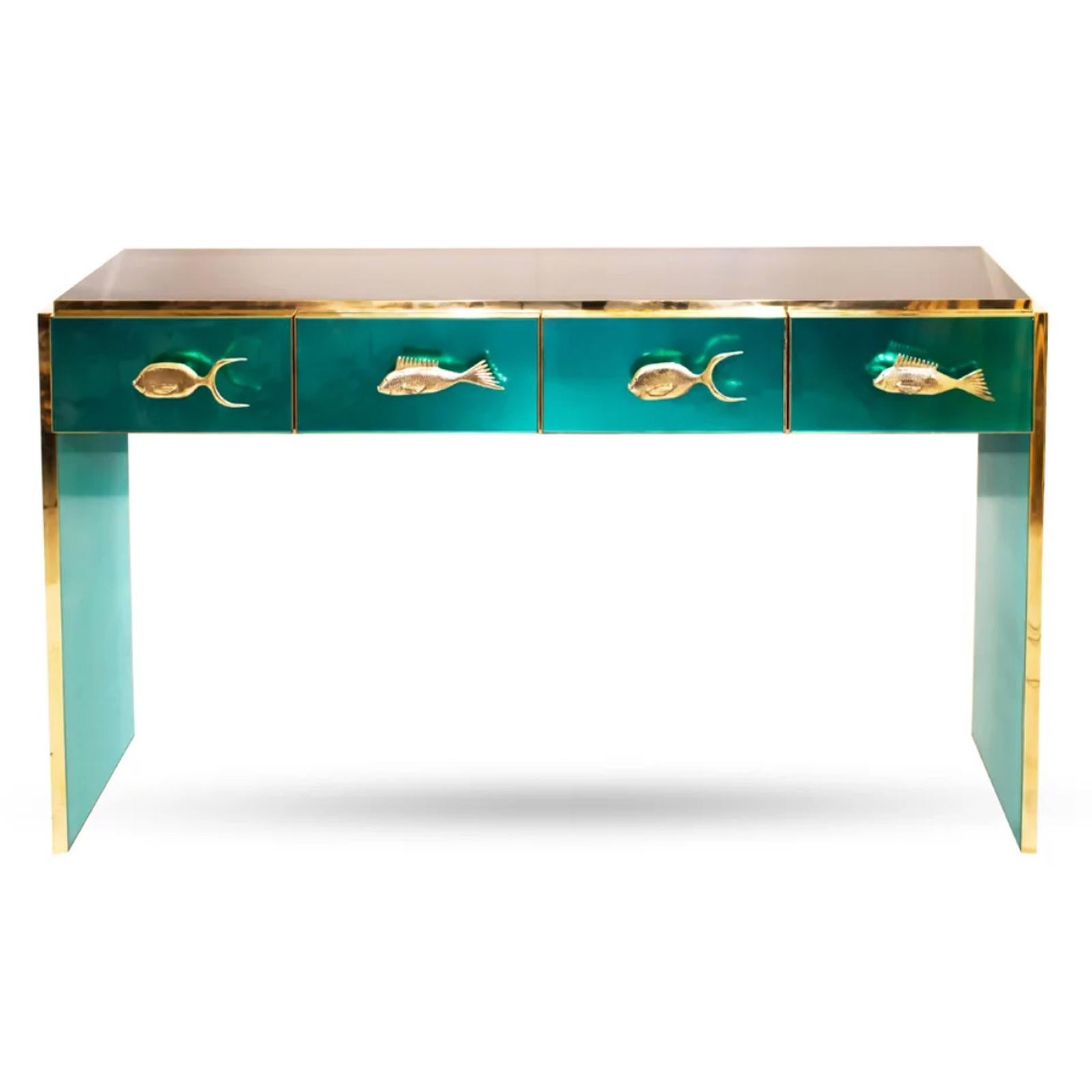 Armario Italiano Moderno a Medida con Bordes de Latón y Pescado Marino Azul Teal Siglo XXI y contemporáneo en venta