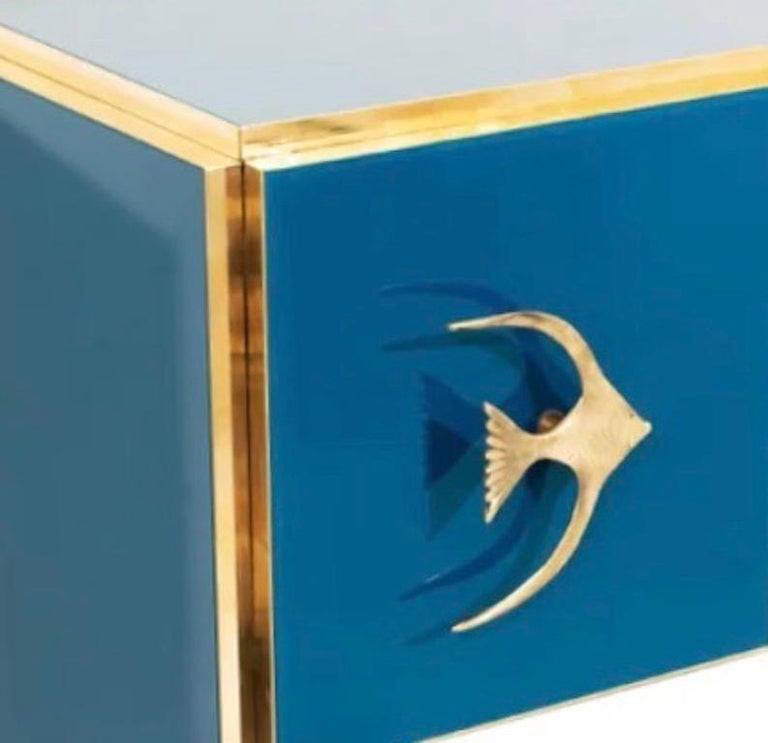 Minimalist Modern Italian Custom Design Brass Edged & Fish Marine Decor Teal Blue Cabinet For Sale