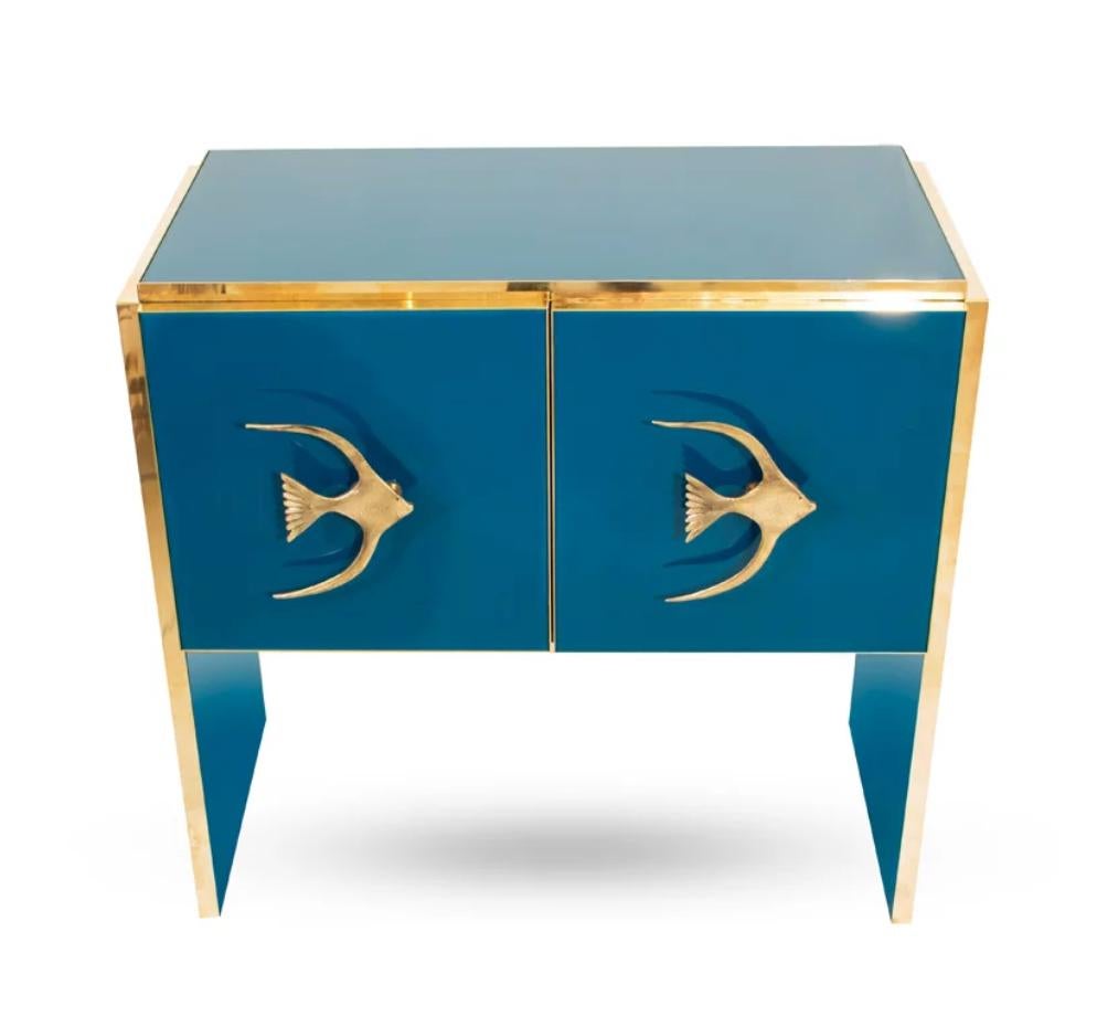 Hand-Crafted Modern Italian Custom Design Brass Edged & Fish Marine Decor Teal Blue Cabinet For Sale