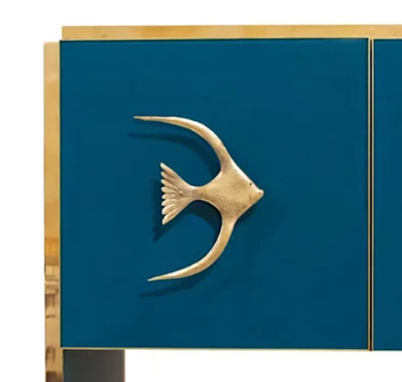 Modern Italian Custom Design Brass Edged & Fish Marine Decor Teal Blue Cabinet In New Condition For Sale In New York, NY