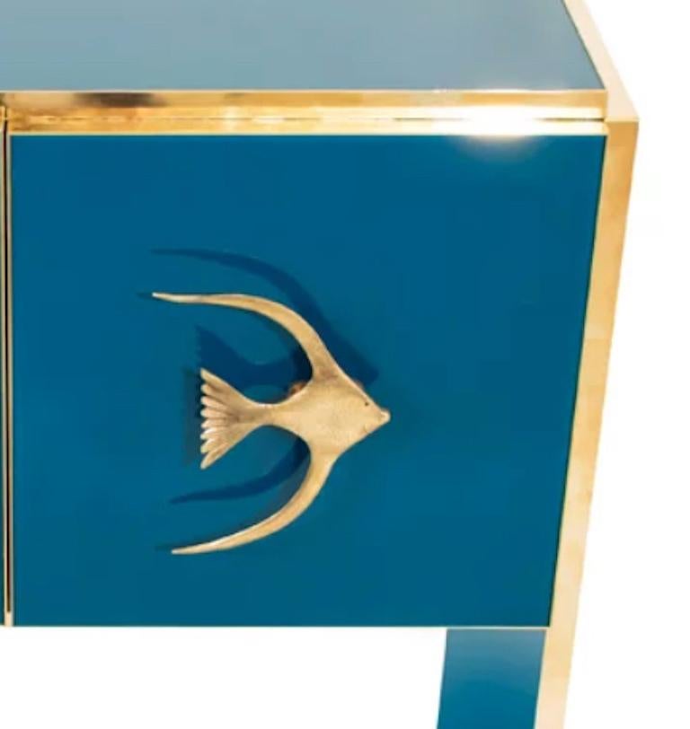 Contemporary Modern Italian Custom Design Brass Edged & Fish Marine Decor Teal Blue Cabinet For Sale