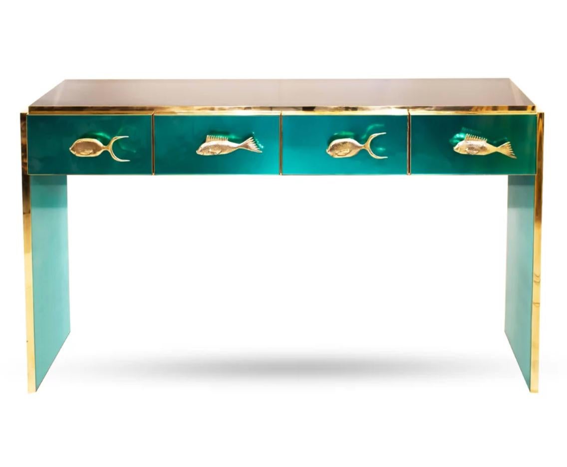 Modern Italian Custom Design Brass Edged & Fish Marine Decor Teal Blue Cabinet For Sale 1