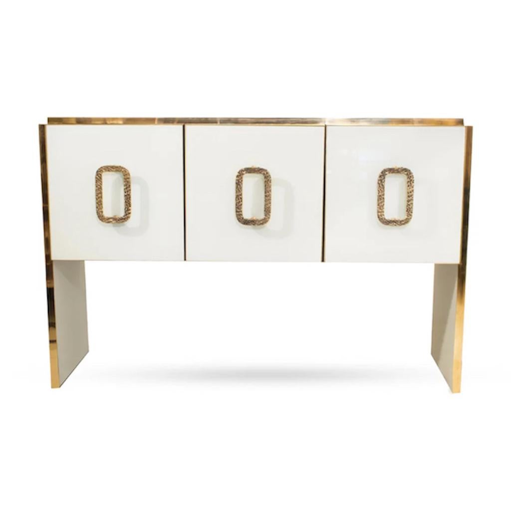 Modern Italian Custom Design Brass Edged Ivory White 2 Door Cabinet/Bar For Sale 3