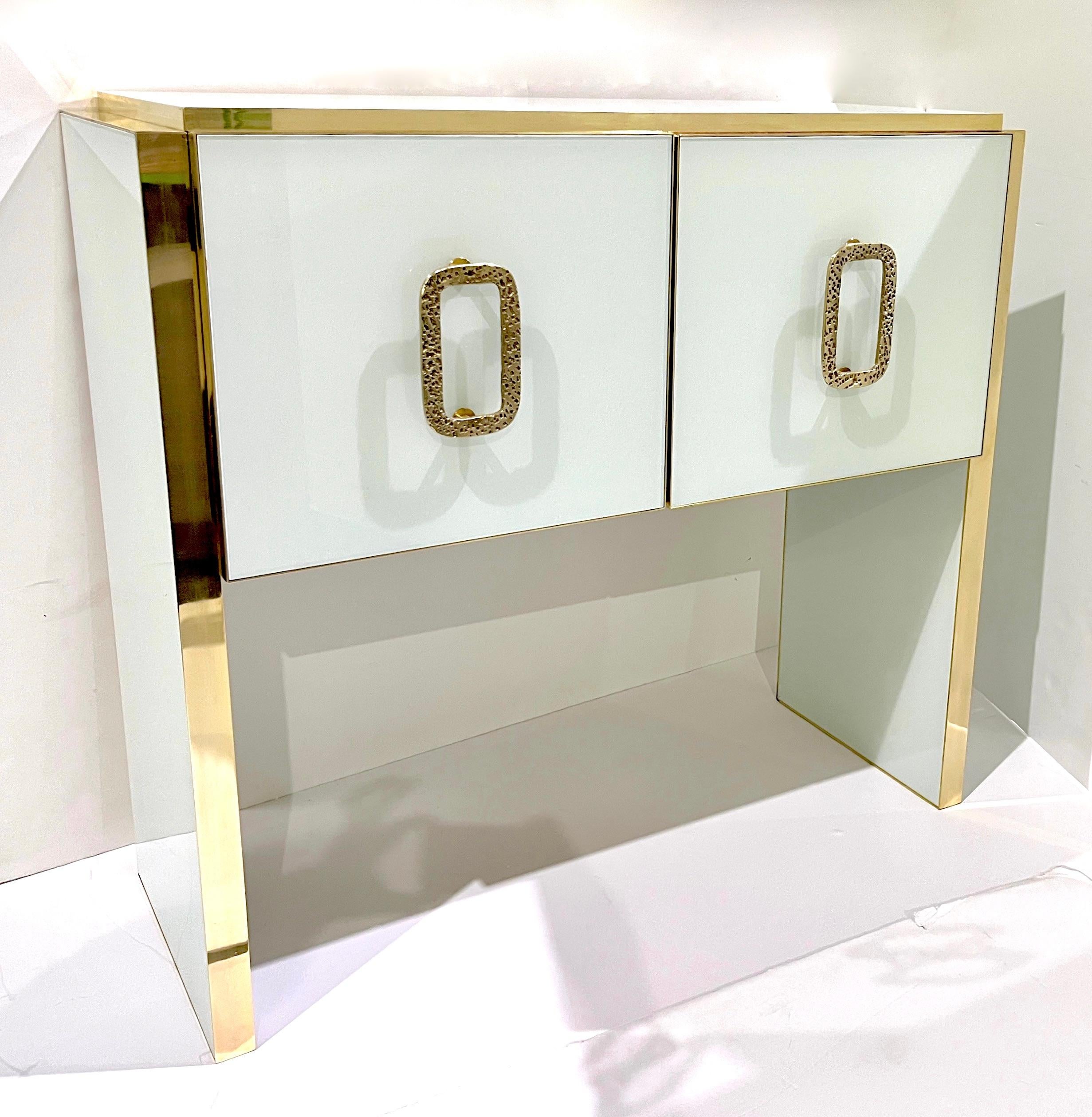 Modern Italian Custom Design Brass Edged Ivory White 2 Door Cabinet/Bar For Sale 4