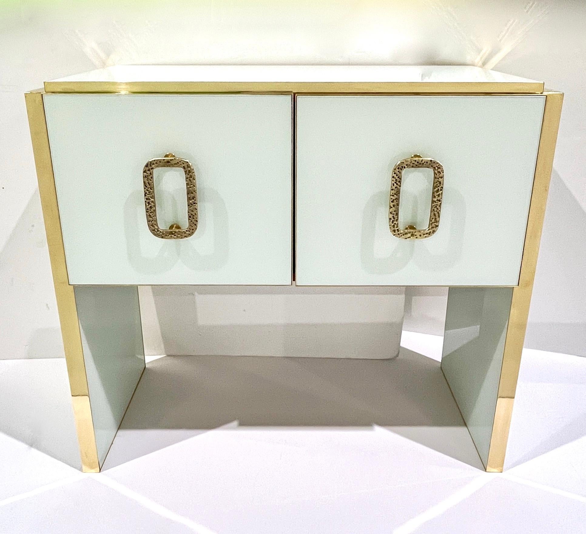 Modern Italian Custom Design Brass Edged Ivory White 2 Door Cabinet/Bar For Sale 4