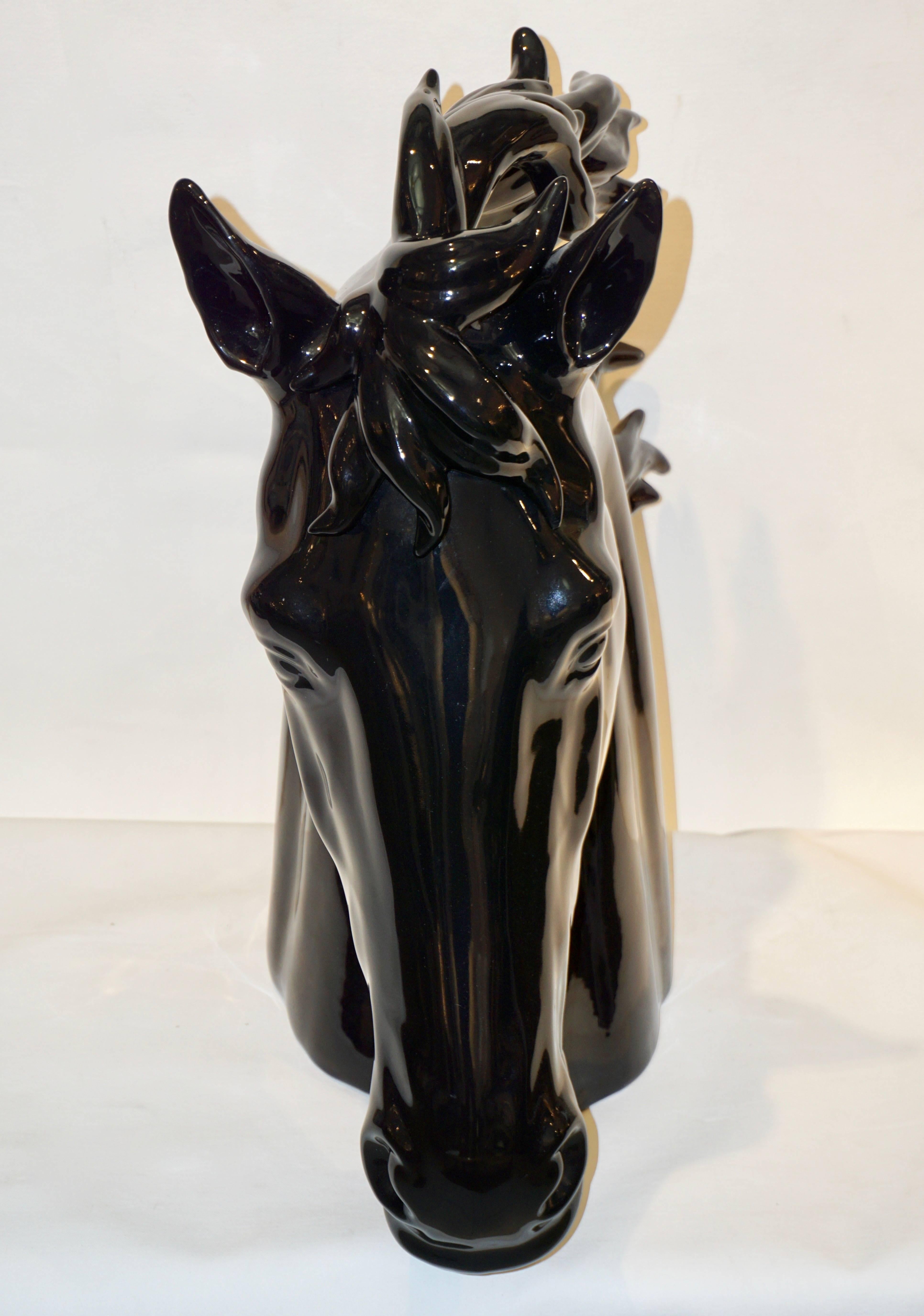 Glazed Modern Art Deco Design Oversized Black and White Ceramic Horse Head Sculptures For Sale