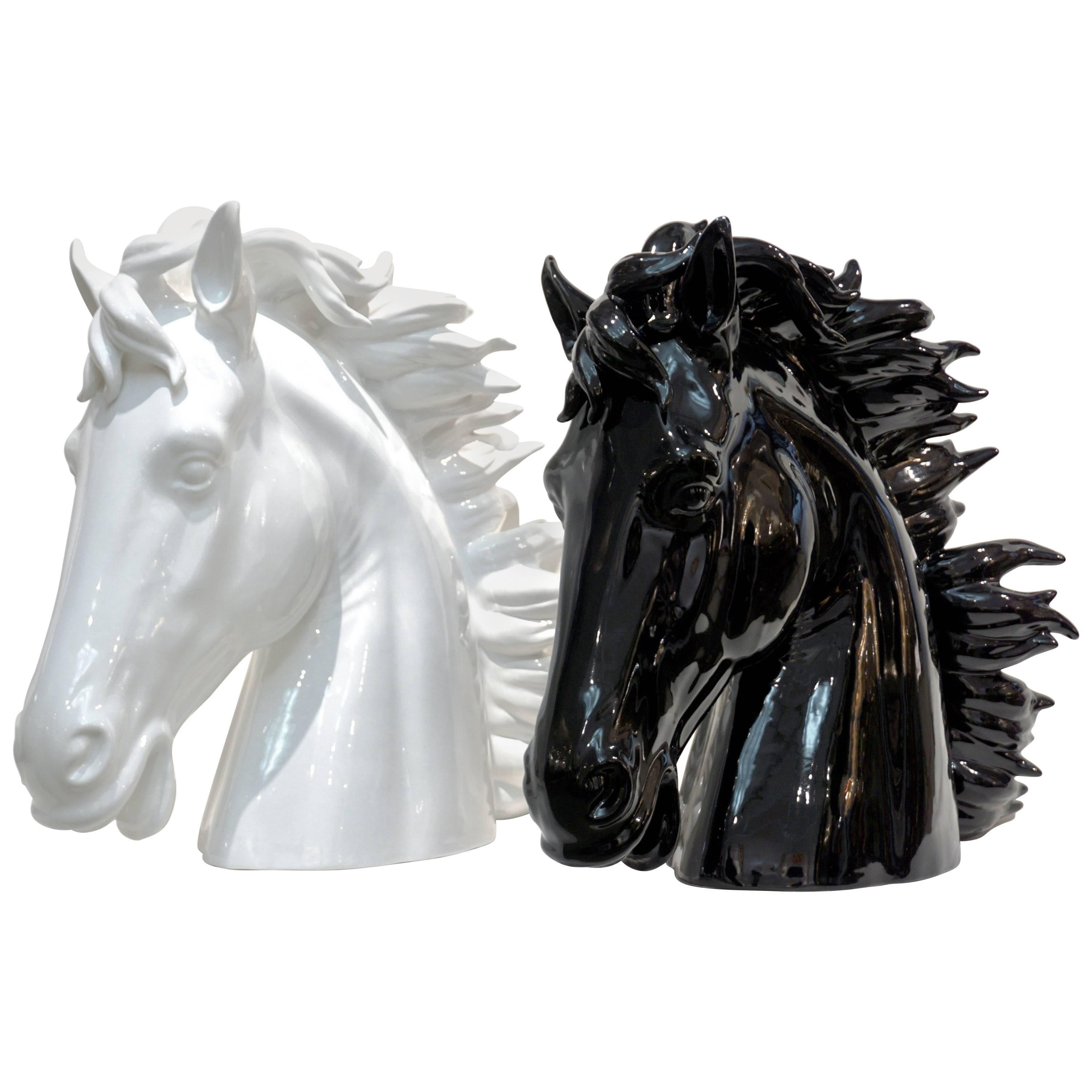 Modern Italian Design Oversized Black and White Ceramic Horse Head Sculptures