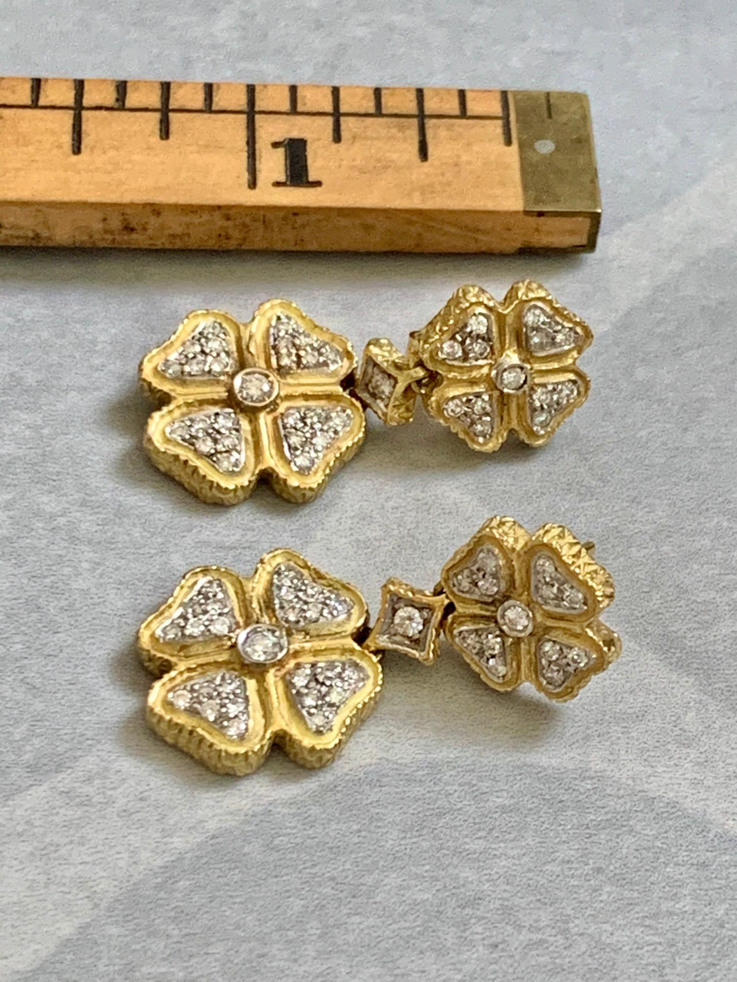 Modern Italian Diamond 4-Leaf Clover 18 Karat Gold Pierced Earrings 2