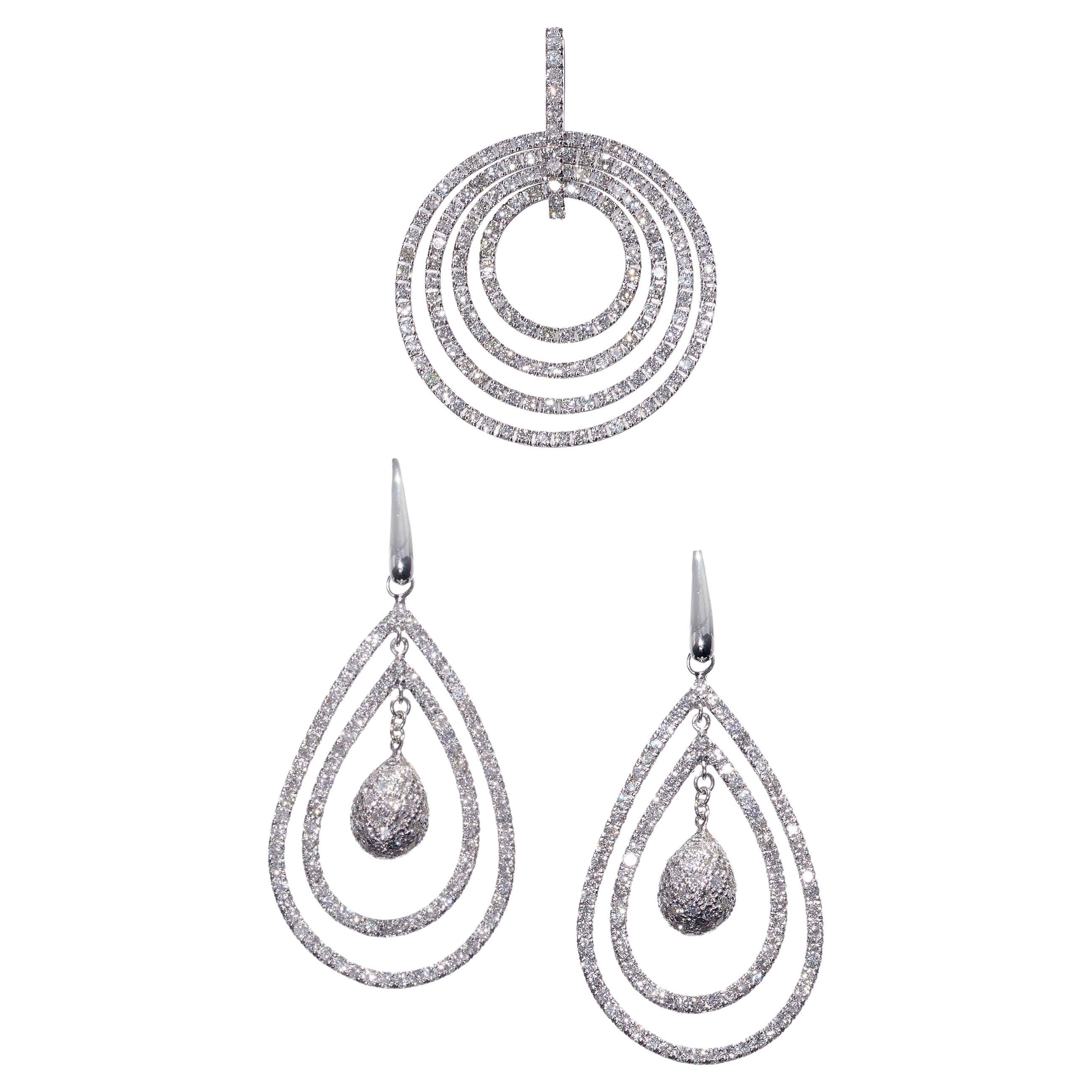 Modern Italian Diamond And White Gold Drop Earrings And Circle Pendant Suite