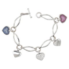 Bracelet italien moderne à maillons articulés en forme de cœur, en or blanc 18 carats avec diamants et saphirs