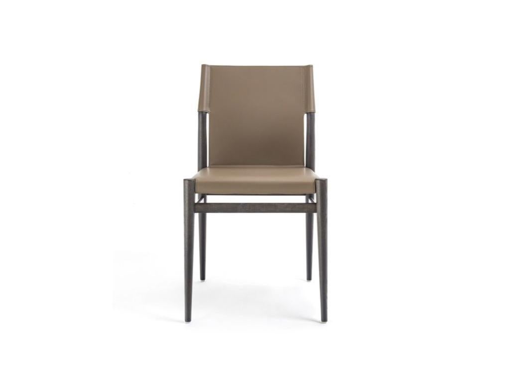 Modern Italian leather and wood dining chair, full grain hide leather available in 30 different colors and wood structure finished gray, natural or bleached ash. 

Made in Italy.

Note to buyer: made in Italy and imported from Italy. Lead time