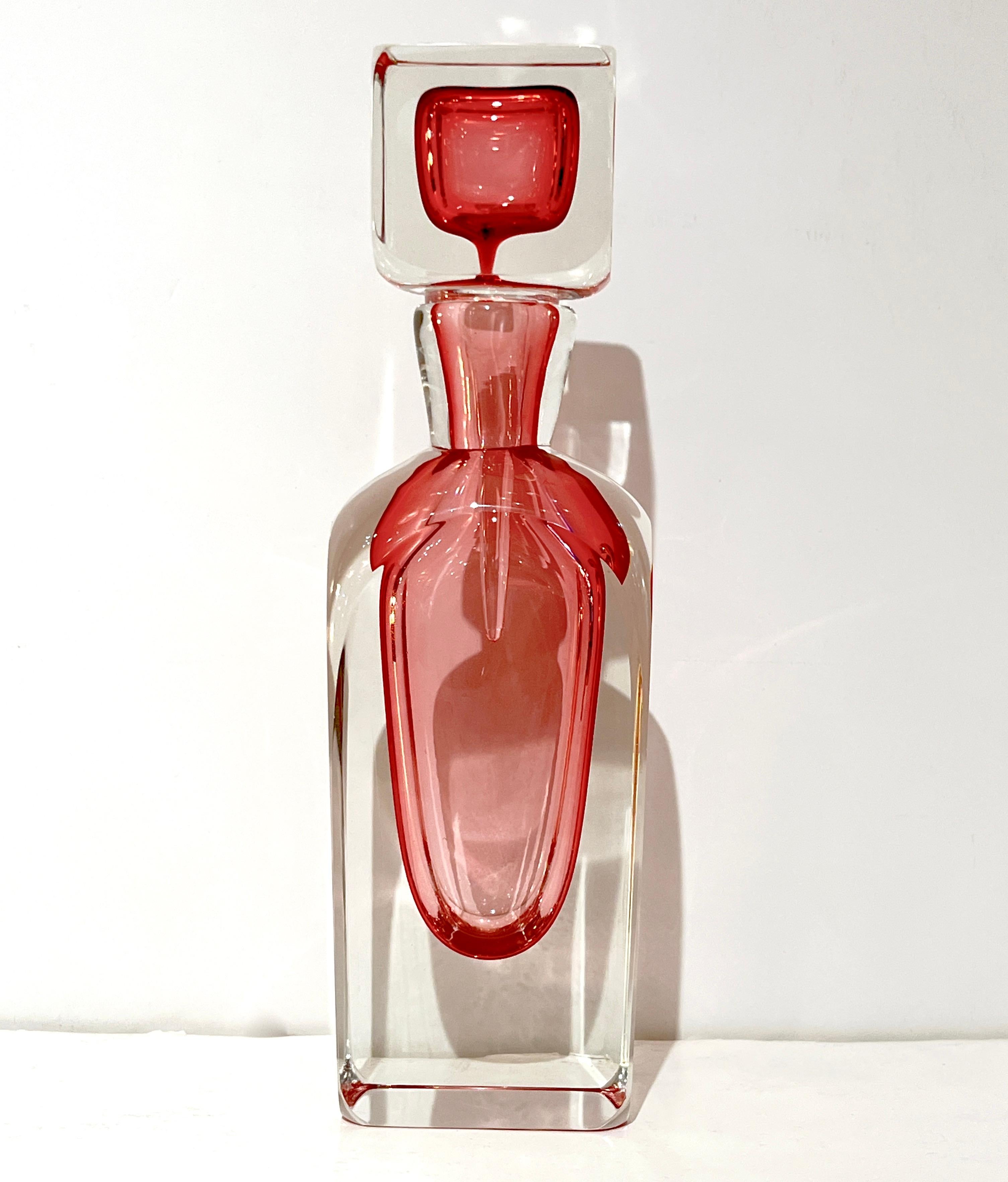 Verre brun Set de 2 grandes bouteilles en verre Murano italien moderne Fuchsia Coral Pink Crystal en vente