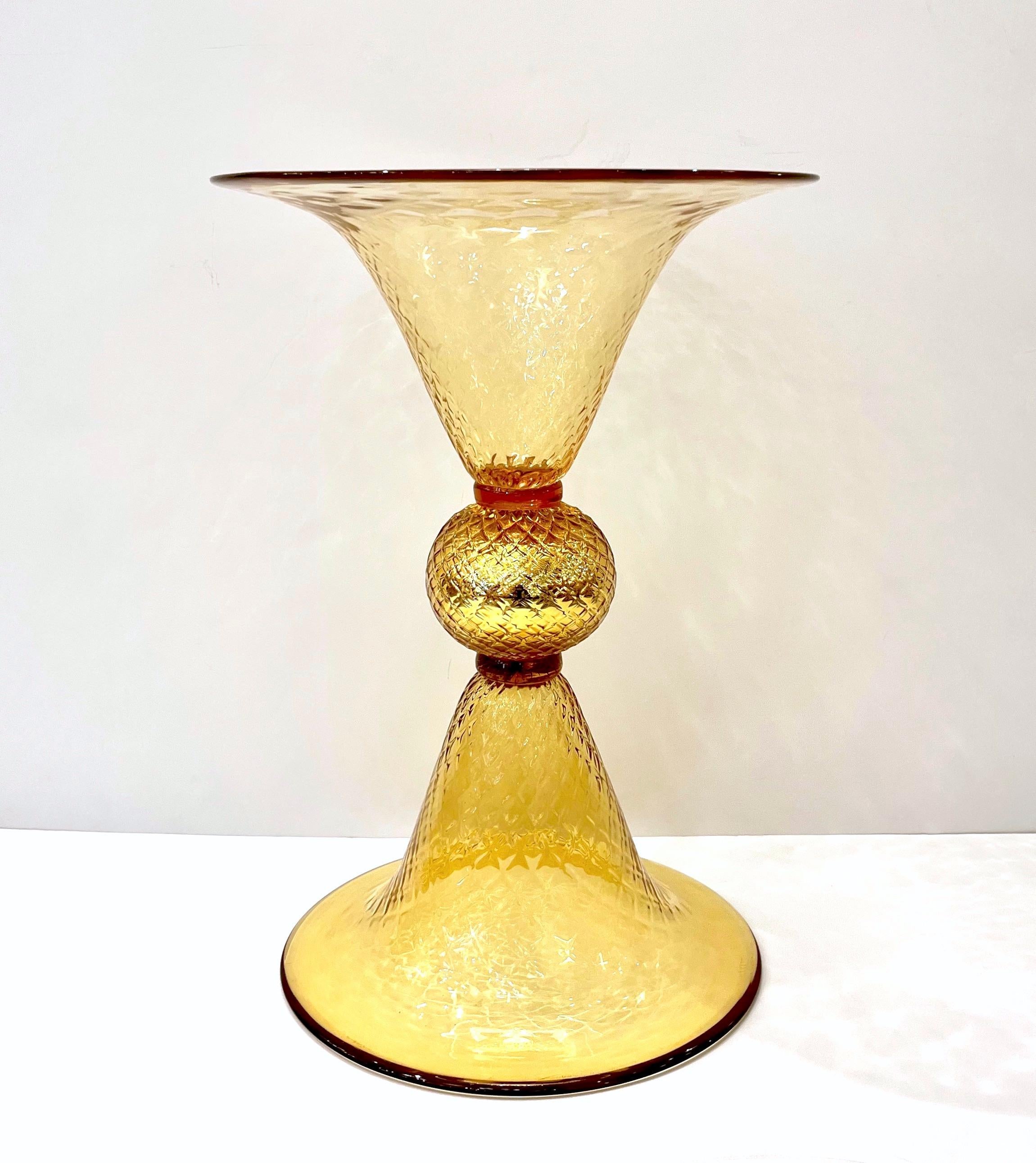 Modern Italian Gold Honeycomb Murano Glass Round Conical Hourglass Double Vase For Sale 6