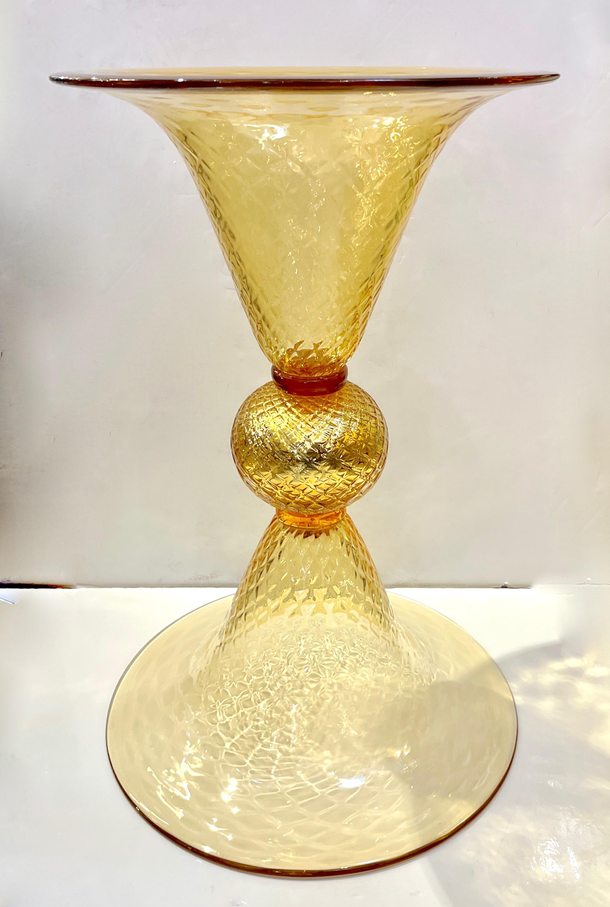Modern Italian Gold Honeycomb Murano Glass Round Conical Hourglass Double Vase For Sale 8