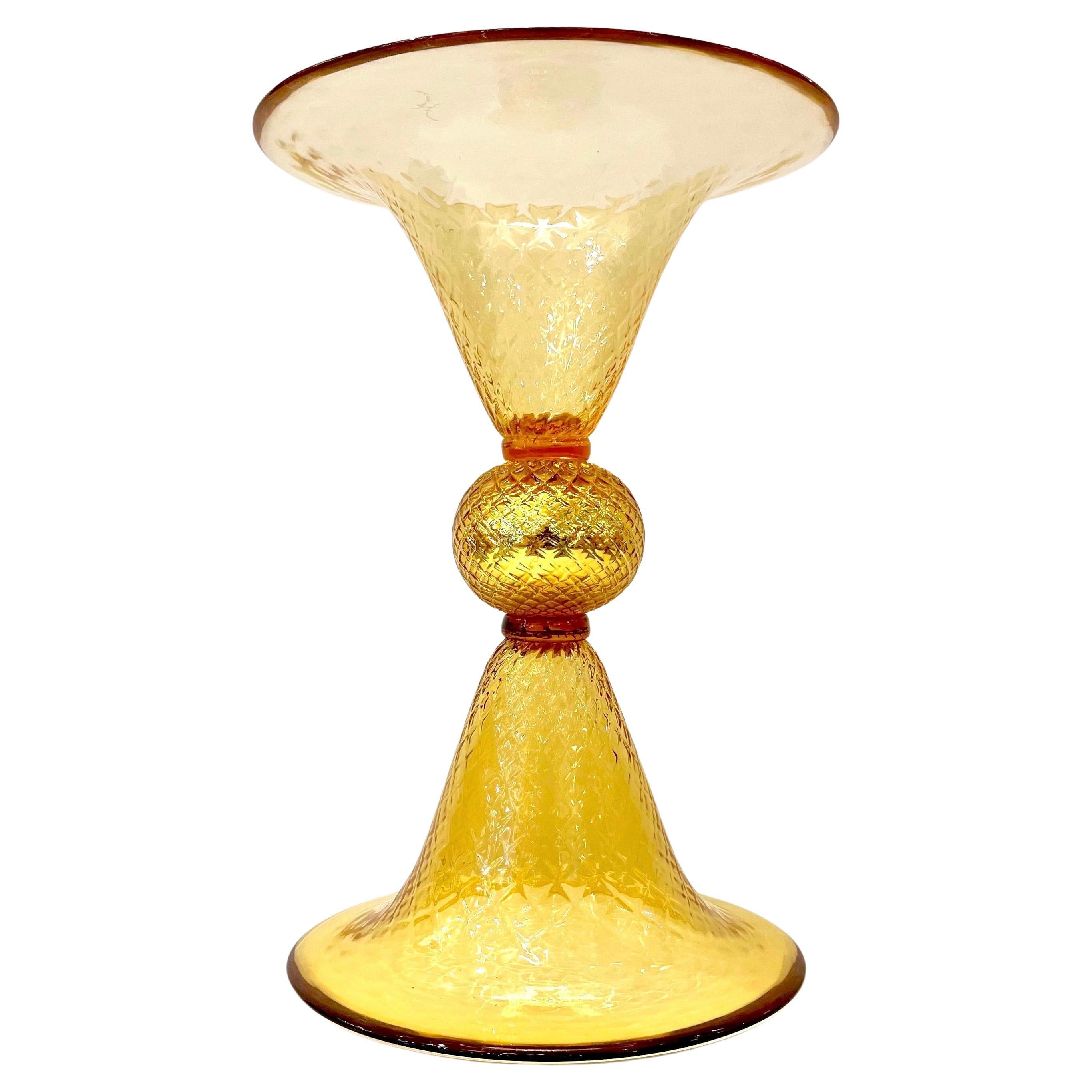 Modern Italian Gold Honeycomb Murano Glass Round Conical Hourglass Double Vase For Sale